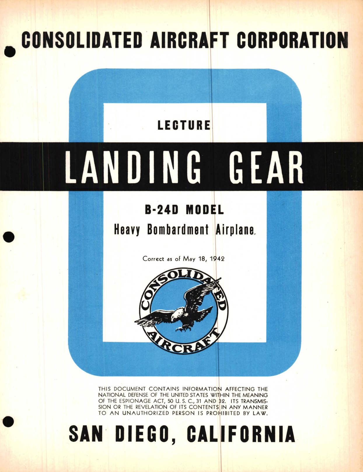 Sample page 1 from AirCorps Library document: Landing Gear Lecture, B-24D Model - Familiarization Manual