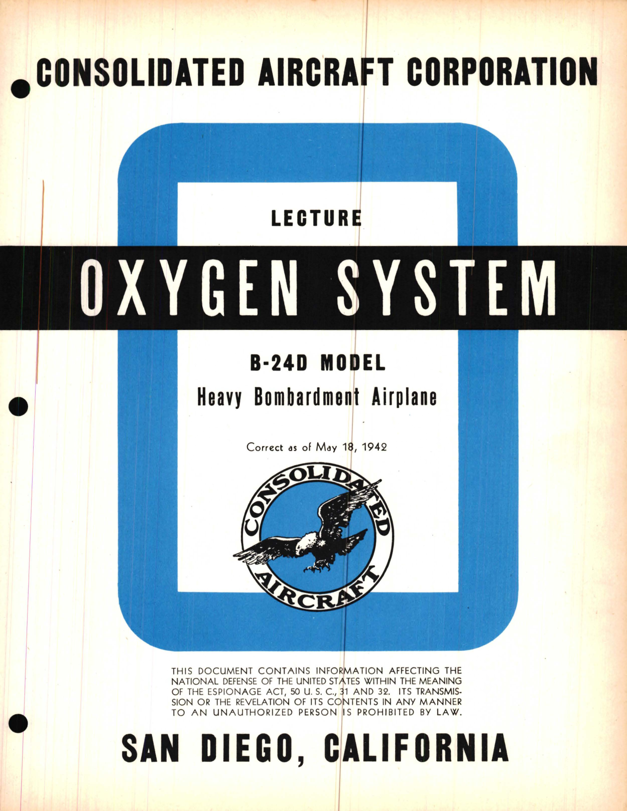 Sample page 1 from AirCorps Library document: Oxygen System Lecture, B-24D Model - Familiarization Manual