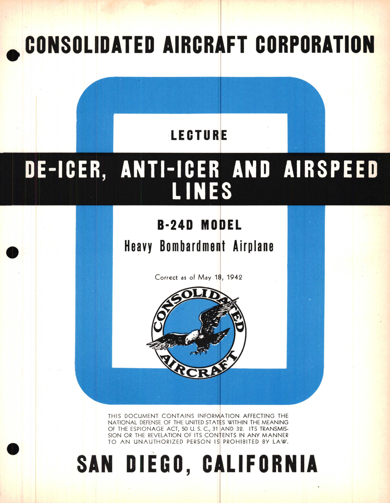 Sample page 1 from AirCorps Library document: De-Icer, Anti-Icer and Airspeed Lines Lecture, B-24D Model - Familiarization Manual