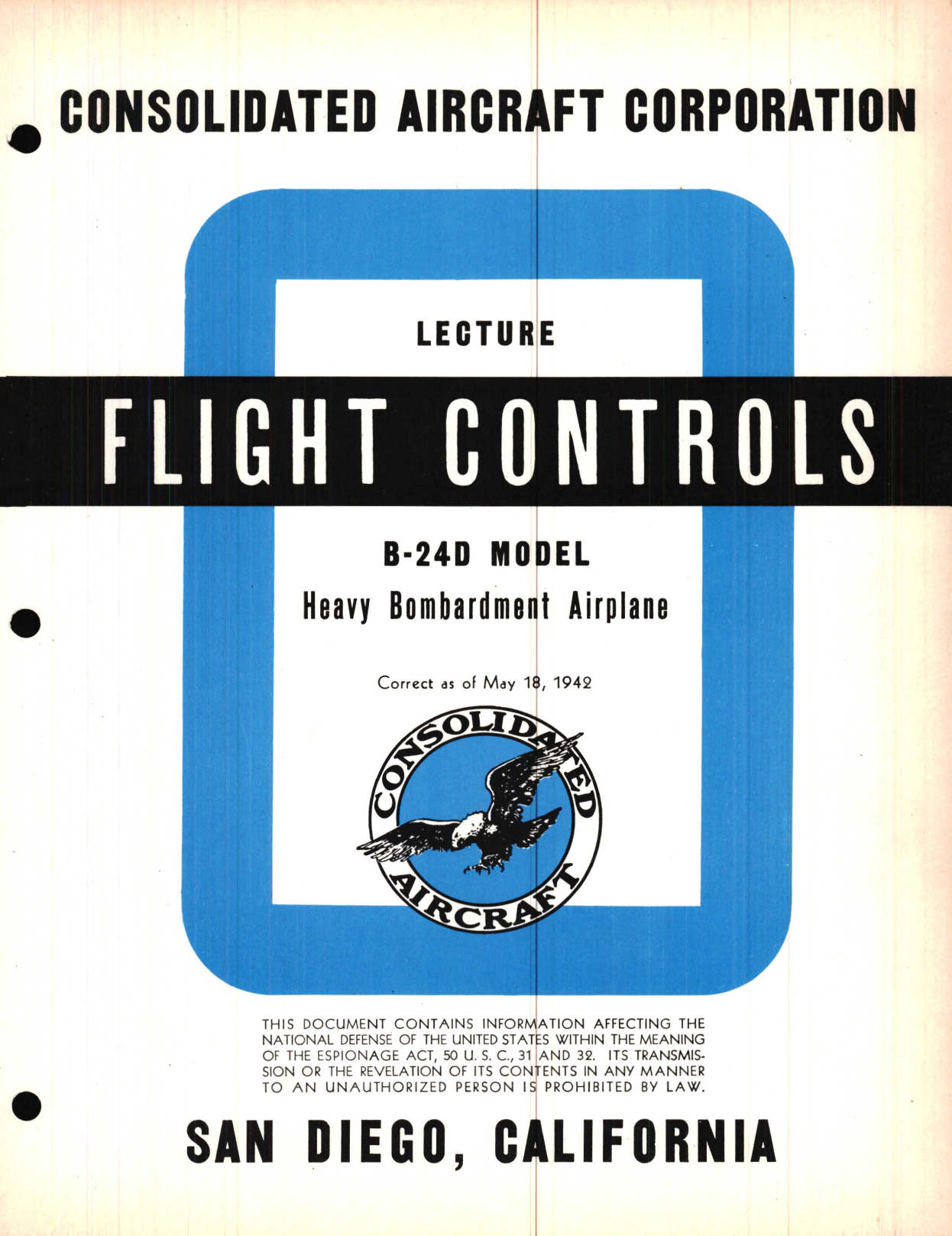 Sample page 1 from AirCorps Library document: Flight Controls Lecture, B-24D Model - Familiarization Manual