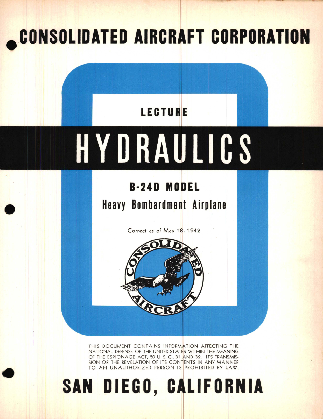 Sample page 1 from AirCorps Library document: Hydraulics Lecture, B-24D Model - Familiarization Manual