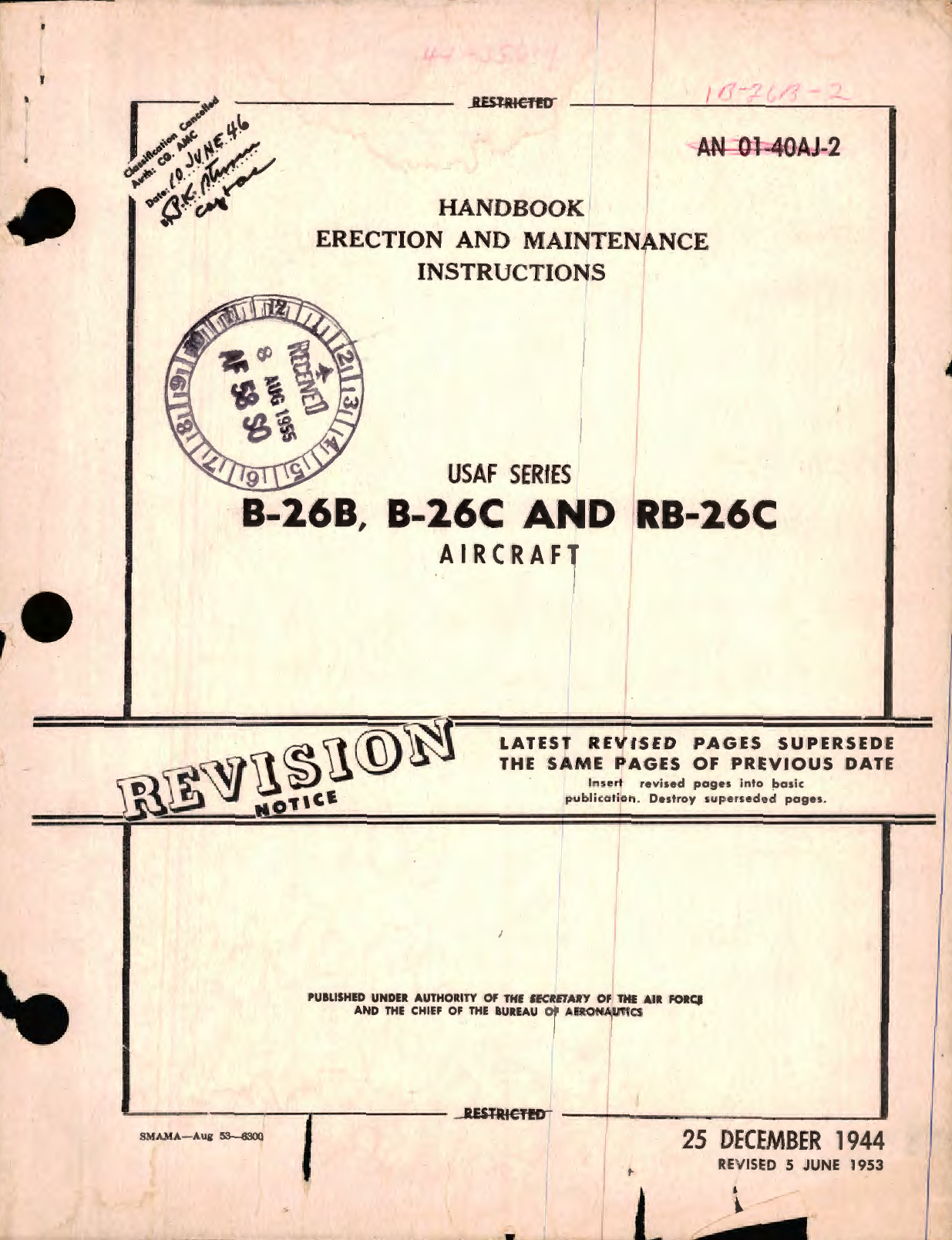 Sample page 1 from AirCorps Library document: Erection and Maintenance Instructions for USAF Series B-26B, B-26C and RB-26C Aircraft