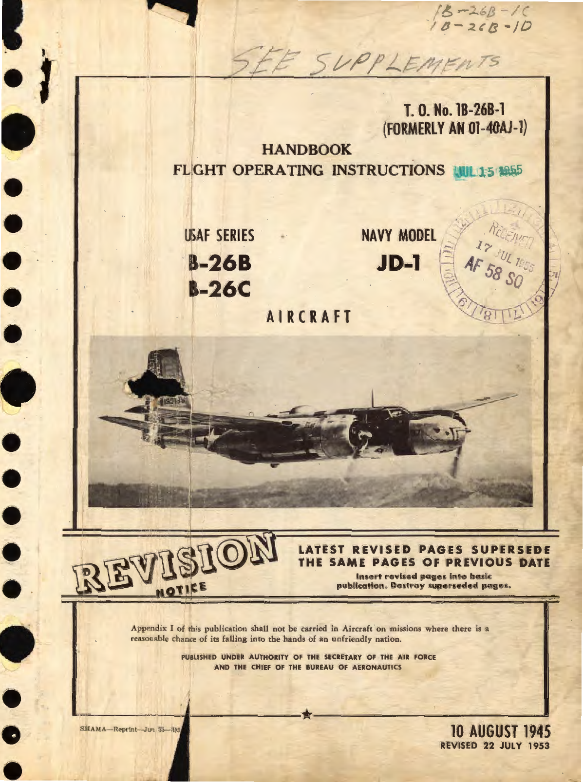 Sample page 1 from AirCorps Library document: Flight Operating Instructions for USAF B-26B, B-26C Navy Model JD-1 Aircraft