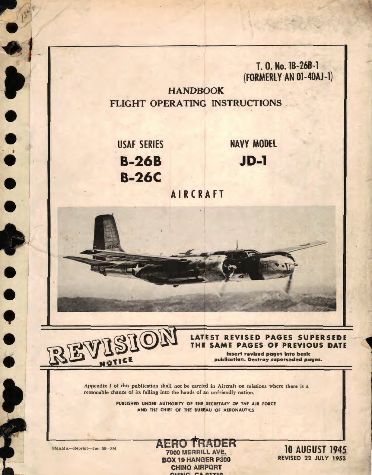 Sample page 1 from AirCorps Library document: T.O. No. 1B-26B-1, Formerly AN 01-40AJ-1, Handbook Flight Operating Instructions for USA Series B-26B, B-26C Navy Model JD-1 Aircraft