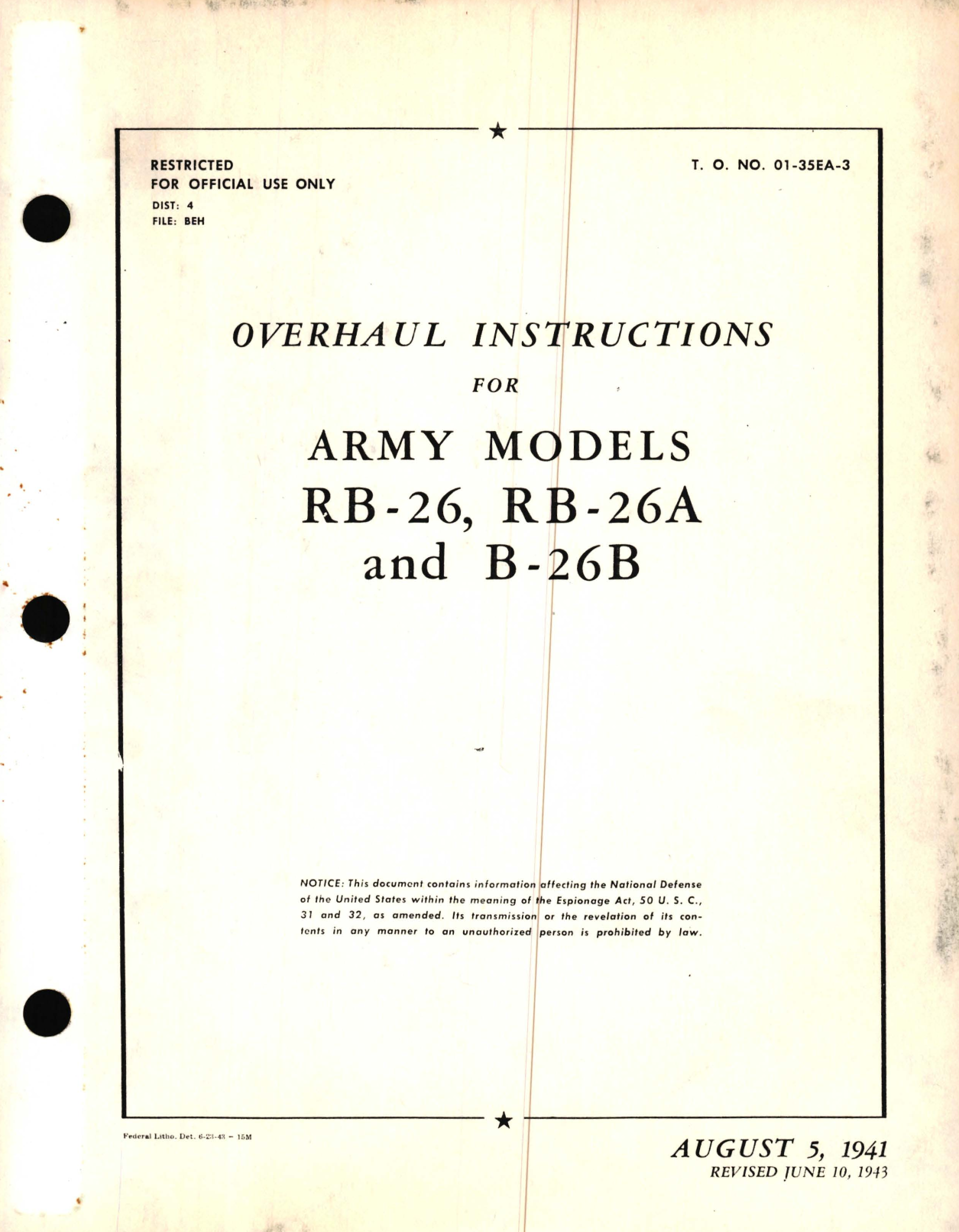 Sample page 1 from AirCorps Library document: Overhaul Instructions for Army Models RB-26, RB-26A and B-26B