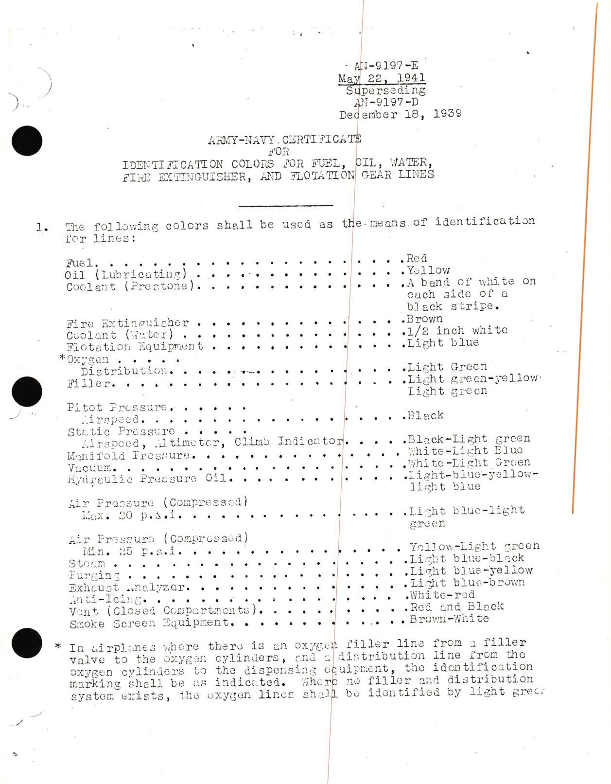 Sample page 1 from AirCorps Library document: Army-Navy Certificate, for Identification Colors for Fuel, Oil, Water, Fire Extinguisher, and Flotation Gear Lines