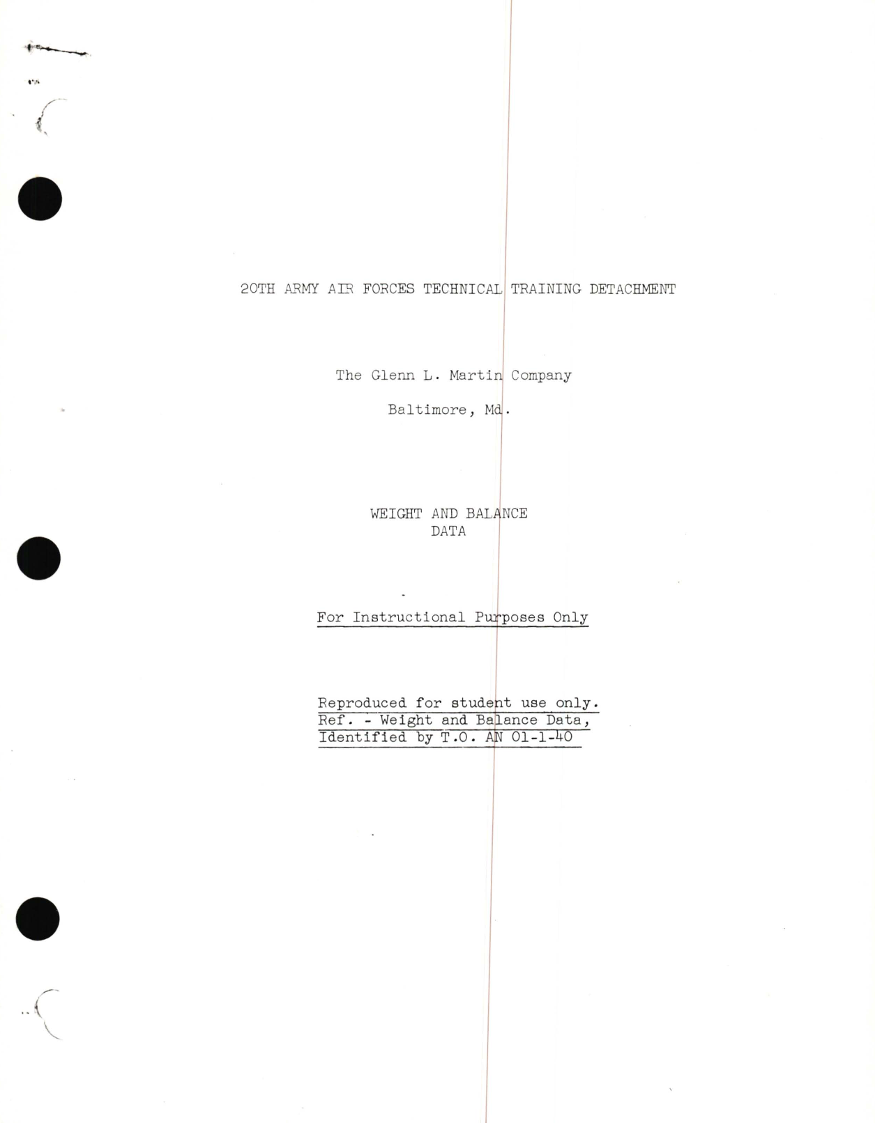 Sample page 1 from AirCorps Library document: Weight and Balance Data - 20th Army Air Forces Technical Training Detachment