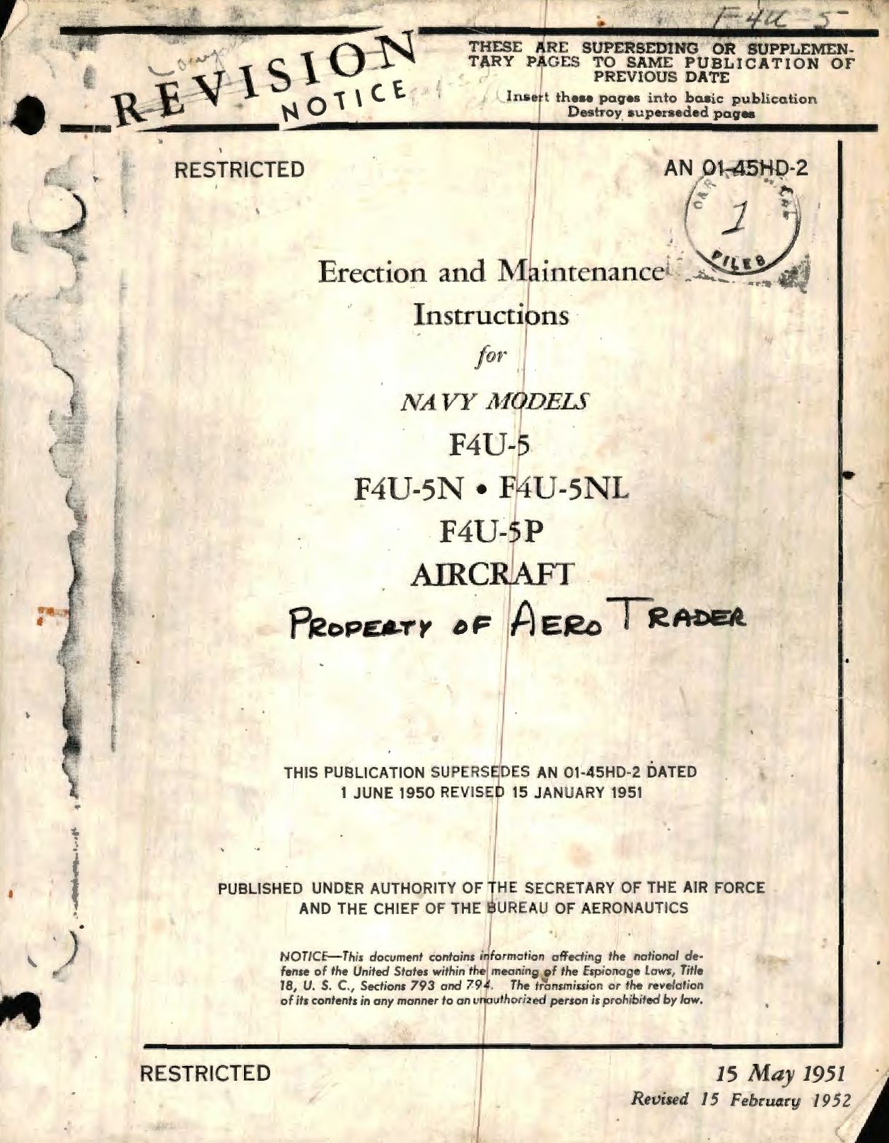 Sample page 1 from AirCorps Library document: Erection and Maintenance Instructions for Navy Models F4U-5, F4U-5N, F4U-5NL, F4U-5P Aircraft