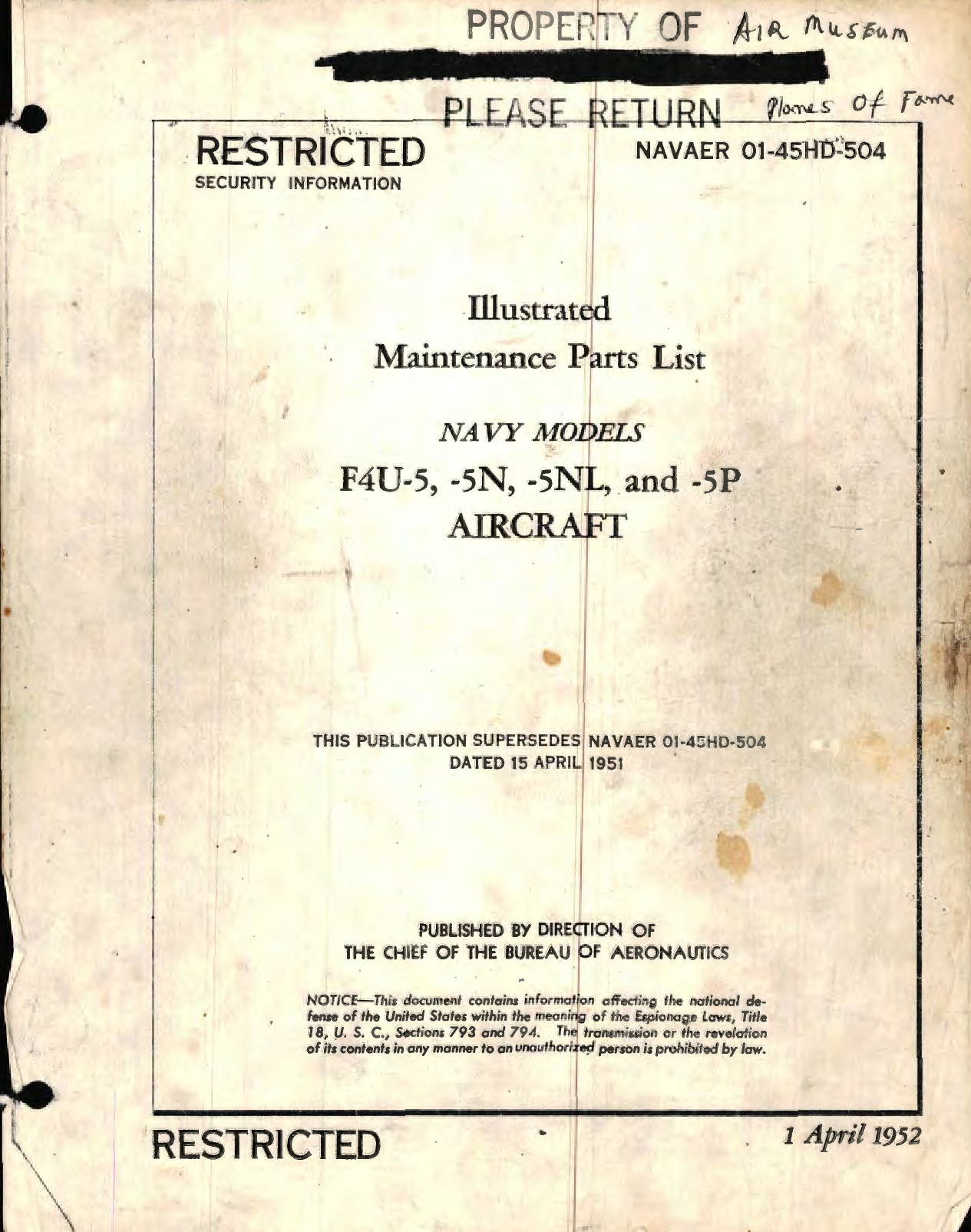 Sample page 1 from AirCorps Library document: Illustrated Maintenance Parts List for Navy Models F4U-5, -5N, -5NL, and -5P Aircraft