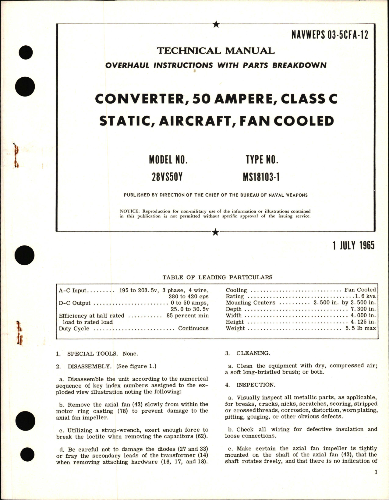 Sample page 1 from AirCorps Library document: Overhaul Instructions with Parts Breakdown for Class C Converter, 50 Ampere, Static, Aircraft, Fan Cooled - Model 28VS50Y - Type MS18103-1