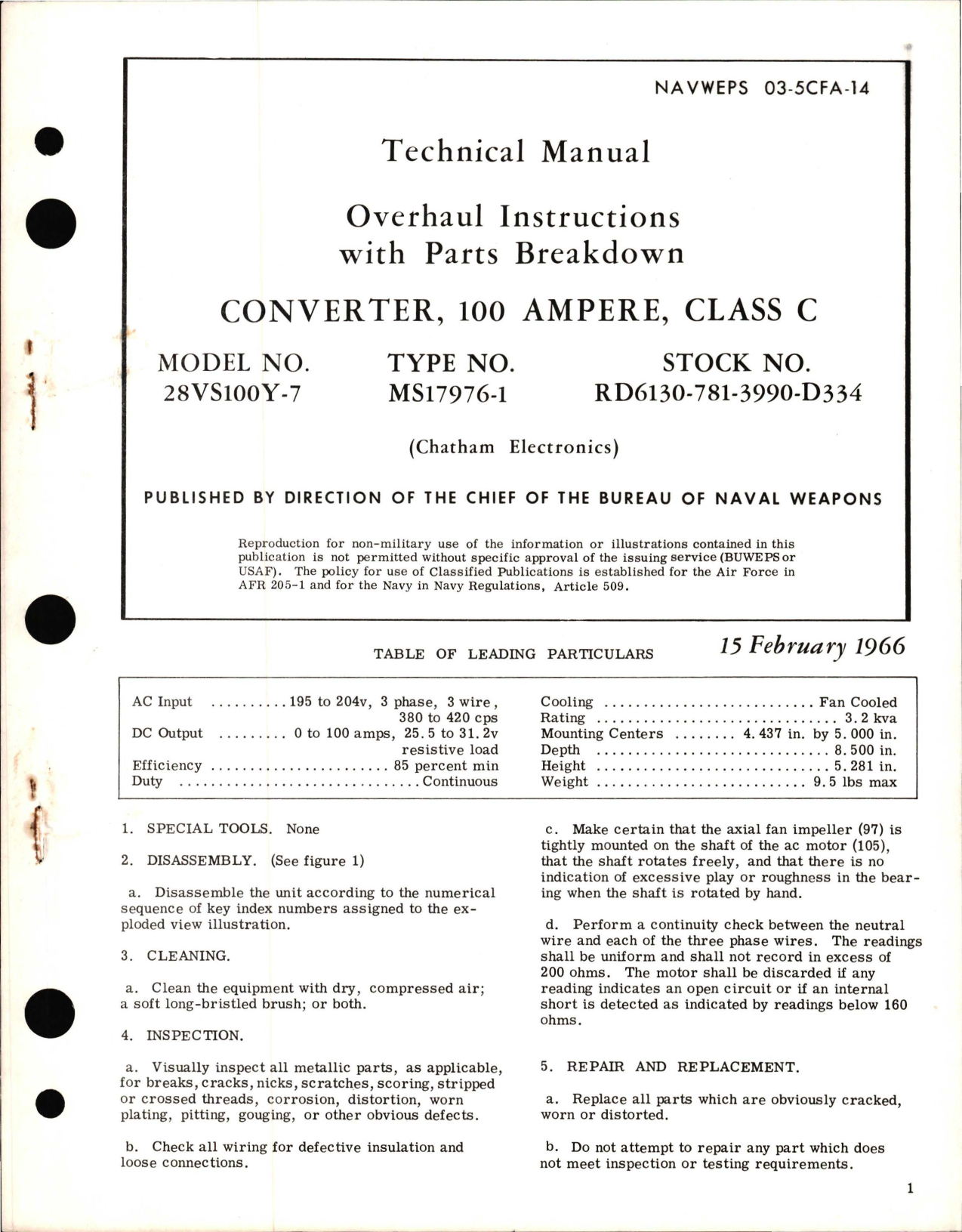 Sample page 1 from AirCorps Library document: Overhaul Instructions with Parts Breakdown for Class C Converter, 100 Ampere - Model 28VS100Y-7 - Type MS17976-1