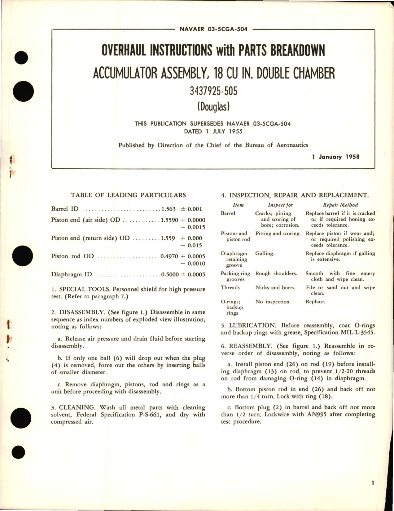 Sample page 1 from AirCorps Library document: Overhaul Instructions with Parts Breakdown for Accumulator Assembly, 18 CU IN Double Chamber - 3437925-505