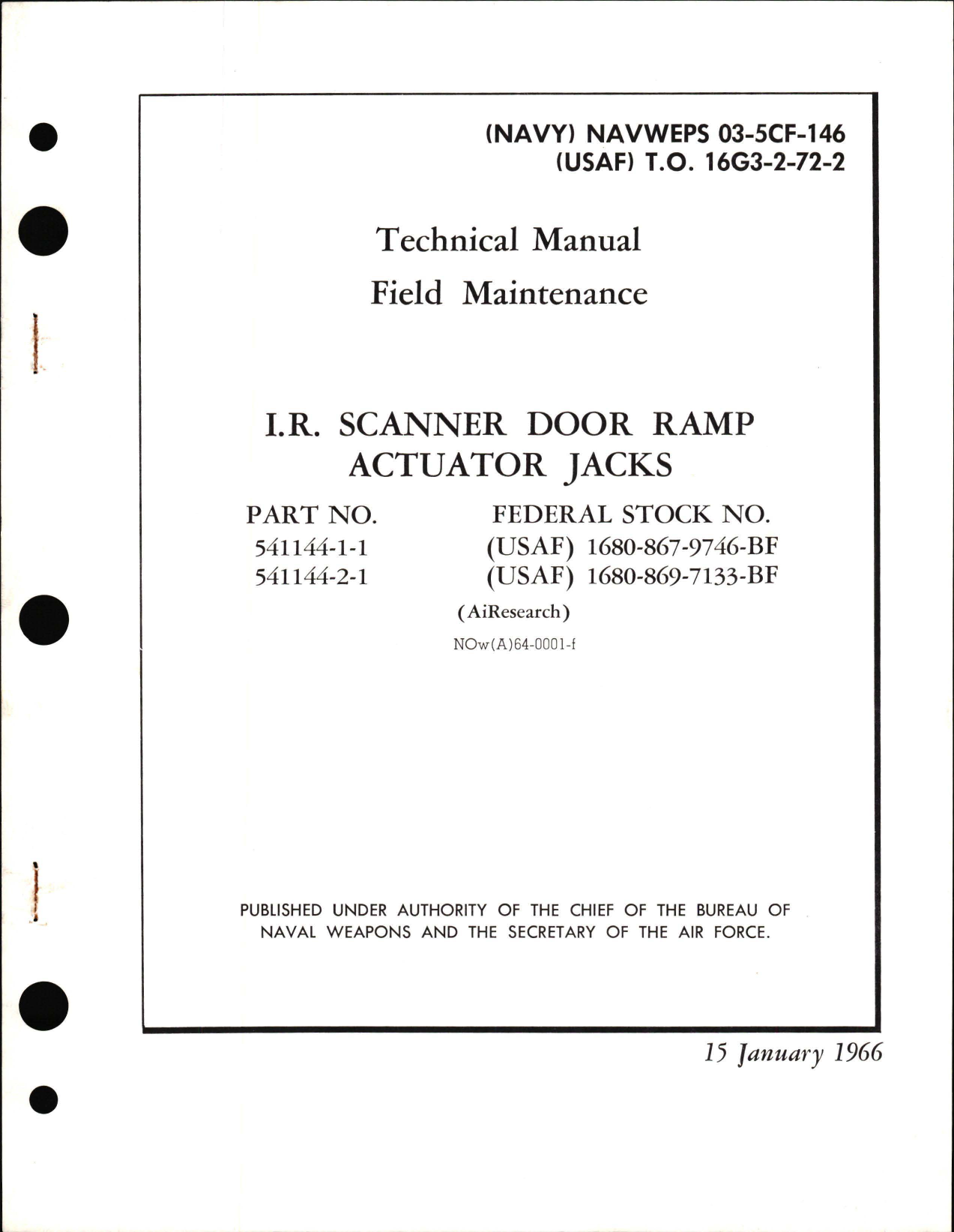 Sample page 1 from AirCorps Library document: Field Maintenance for I.R. Scanner Door Ramp Actuator Jacks - Part 541144-1-1 and 541144-2-1 