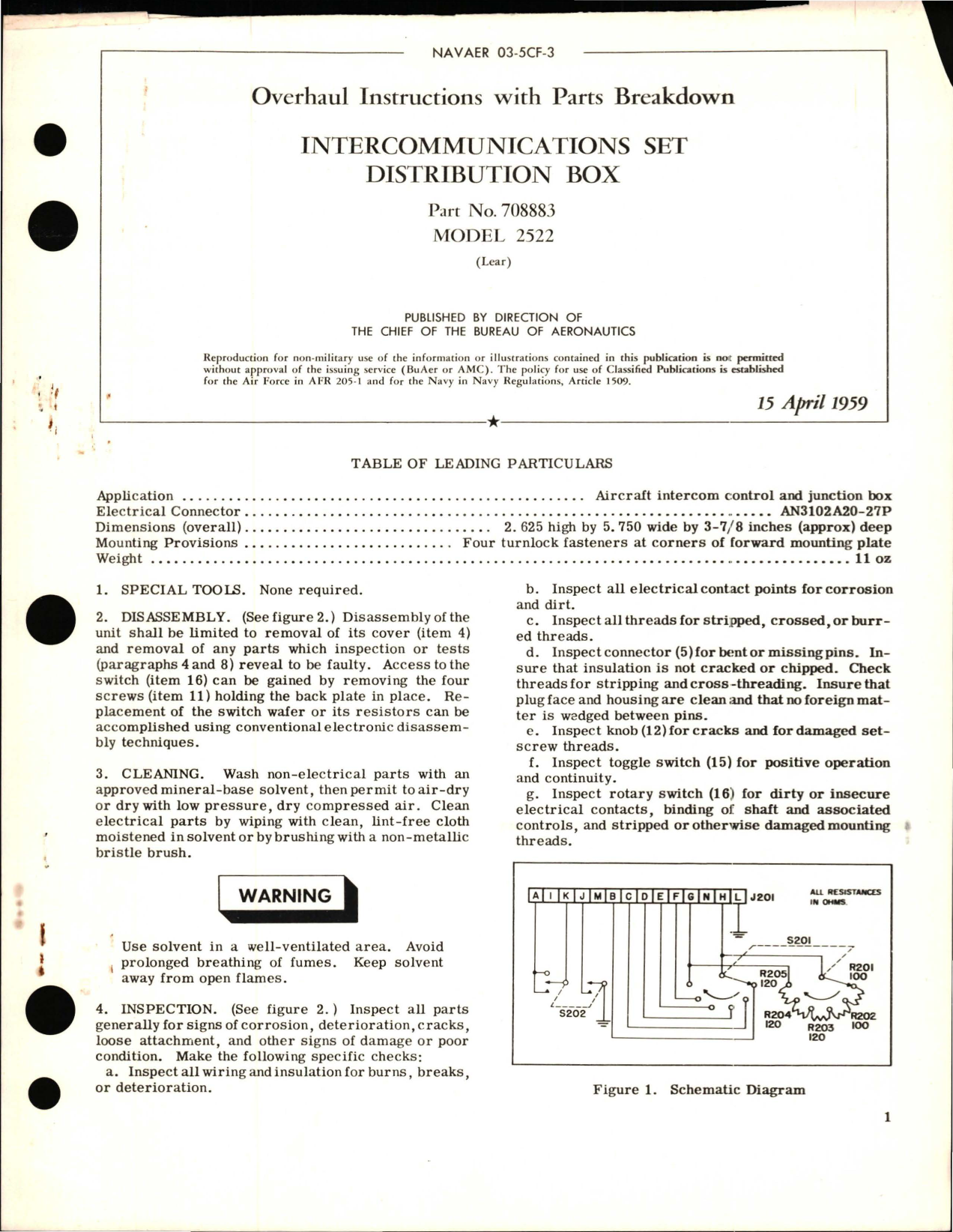 Sample page 1 from AirCorps Library document: Overhaul Instructions with Parts Breakdown for Intercommunications Set Distribution Box - Part 708883 - Model 2522 