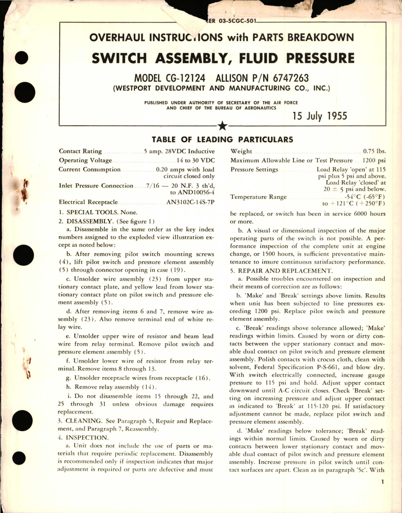 Sample page 1 from AirCorps Library document: Overhaul Instructions with Parts Breakdown for Switch Assembly, Fluid Pressure - Model CG-12124 - Allison Part 6747263
