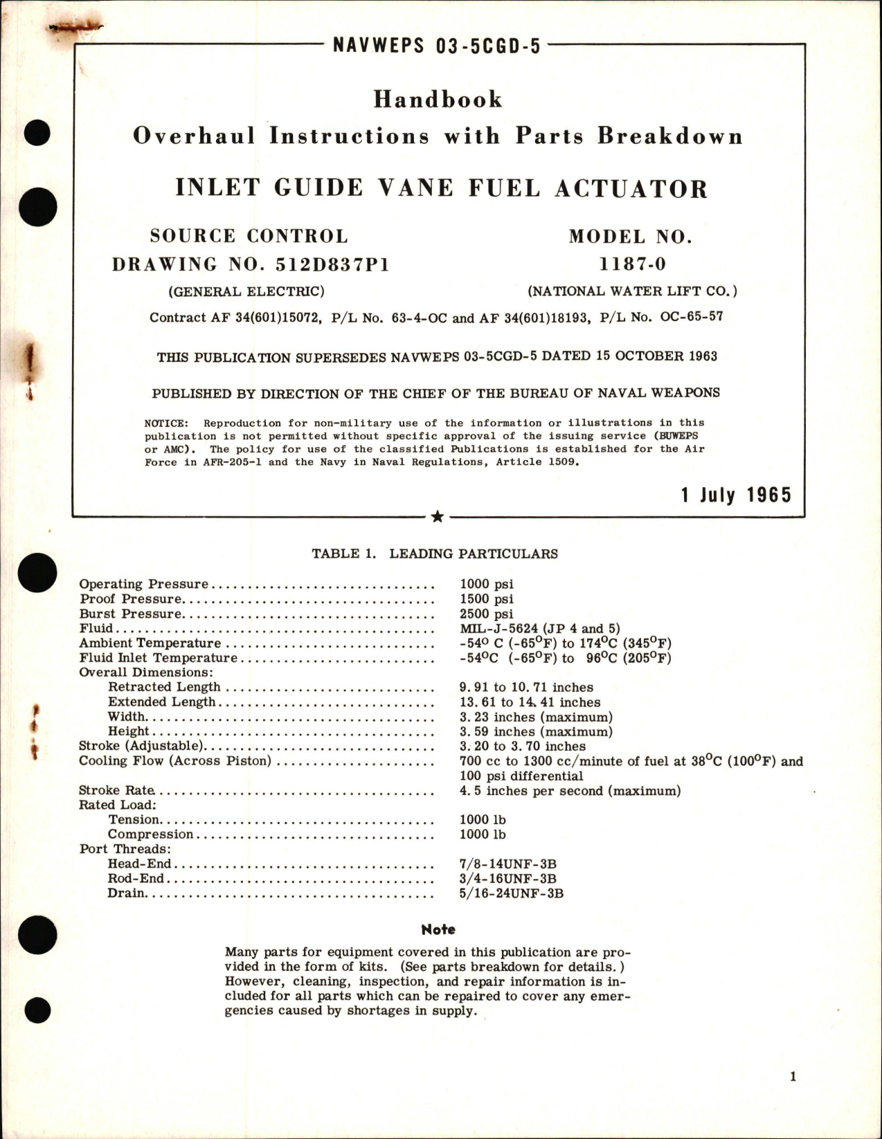 Sample page 1 from AirCorps Library document: Overhaul Instructions with Parts Breakdown for Inlet Guide Vane Fuel Actuator - Model 1187-0 
