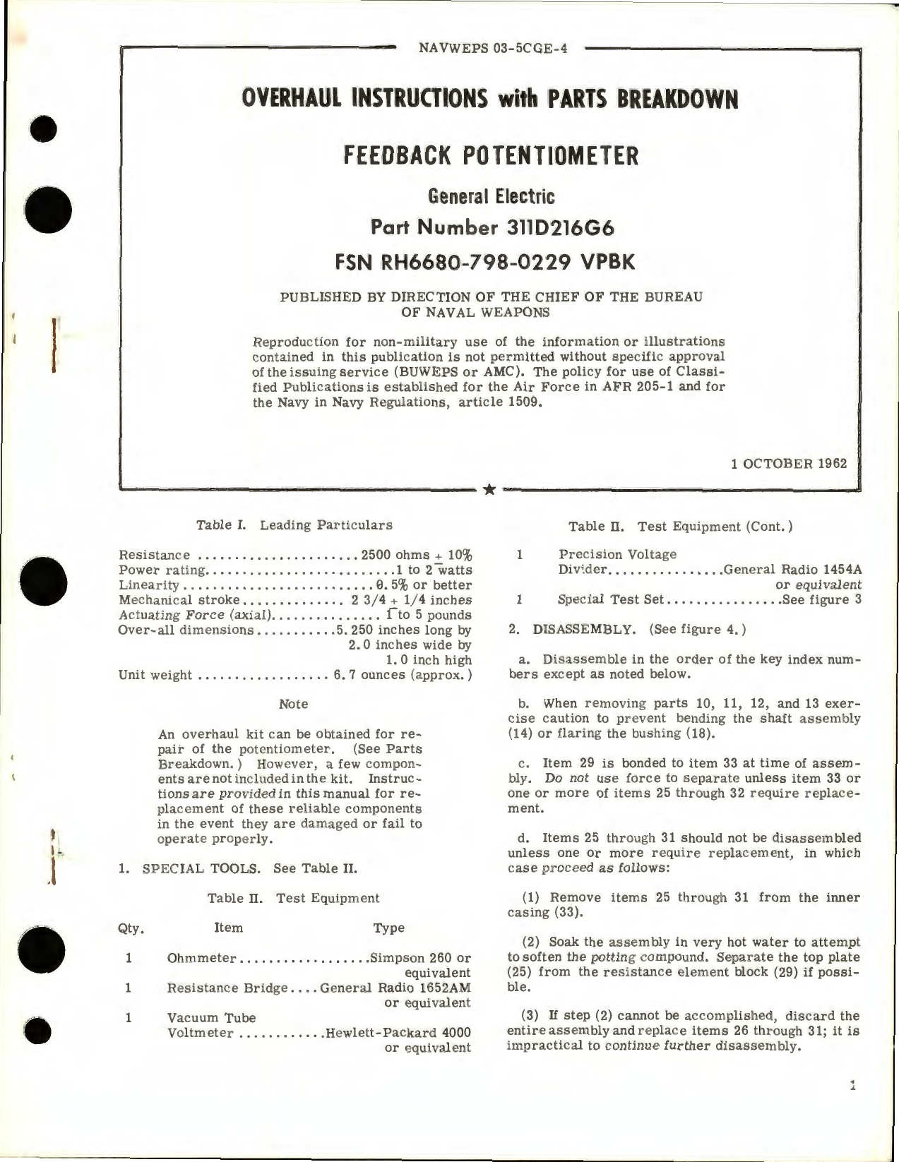 Sample page 1 from AirCorps Library document: Overhaul Instructions with Parts Breakdown for Feedback Potentiometer - Part 311D216G6 