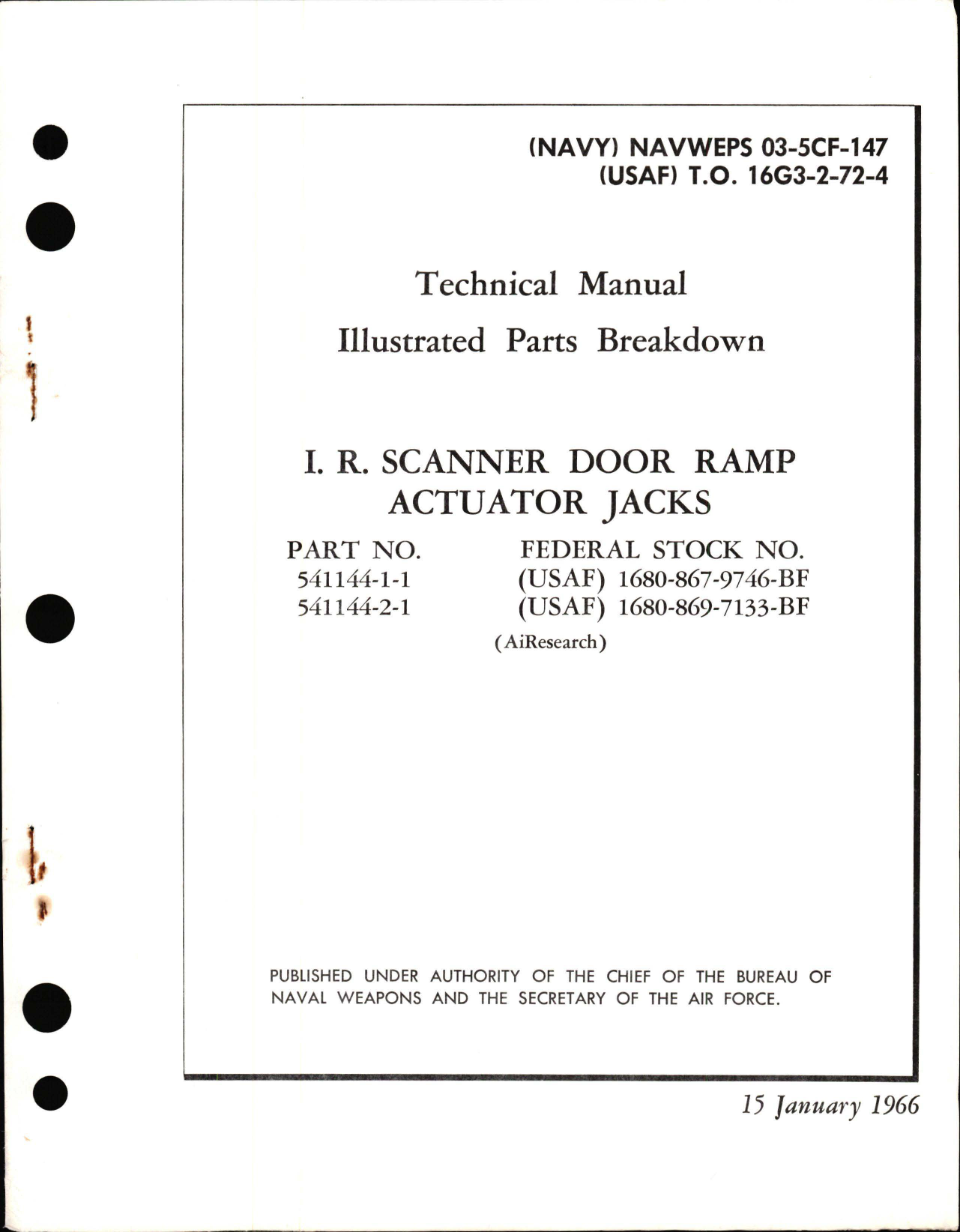 Sample page 1 from AirCorps Library document: Illustrated Parts Breakdown for I.R. Scanner Door Ramp Actuator Jacks - Parts 541144-1-1 and 541144-2-11 