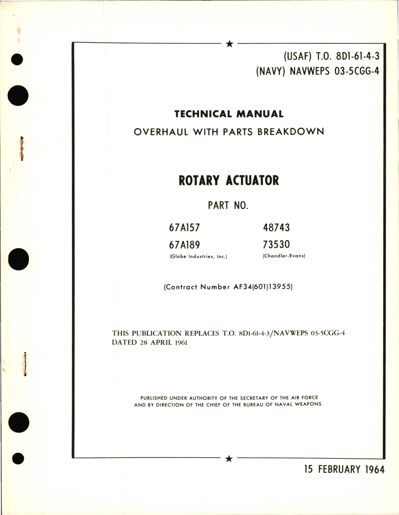 Sample page 1 from AirCorps Library document: Overhaul with Parts Breakdown for Rotary Actuator - Part 67A157, 67A189, 48743 and 73530 