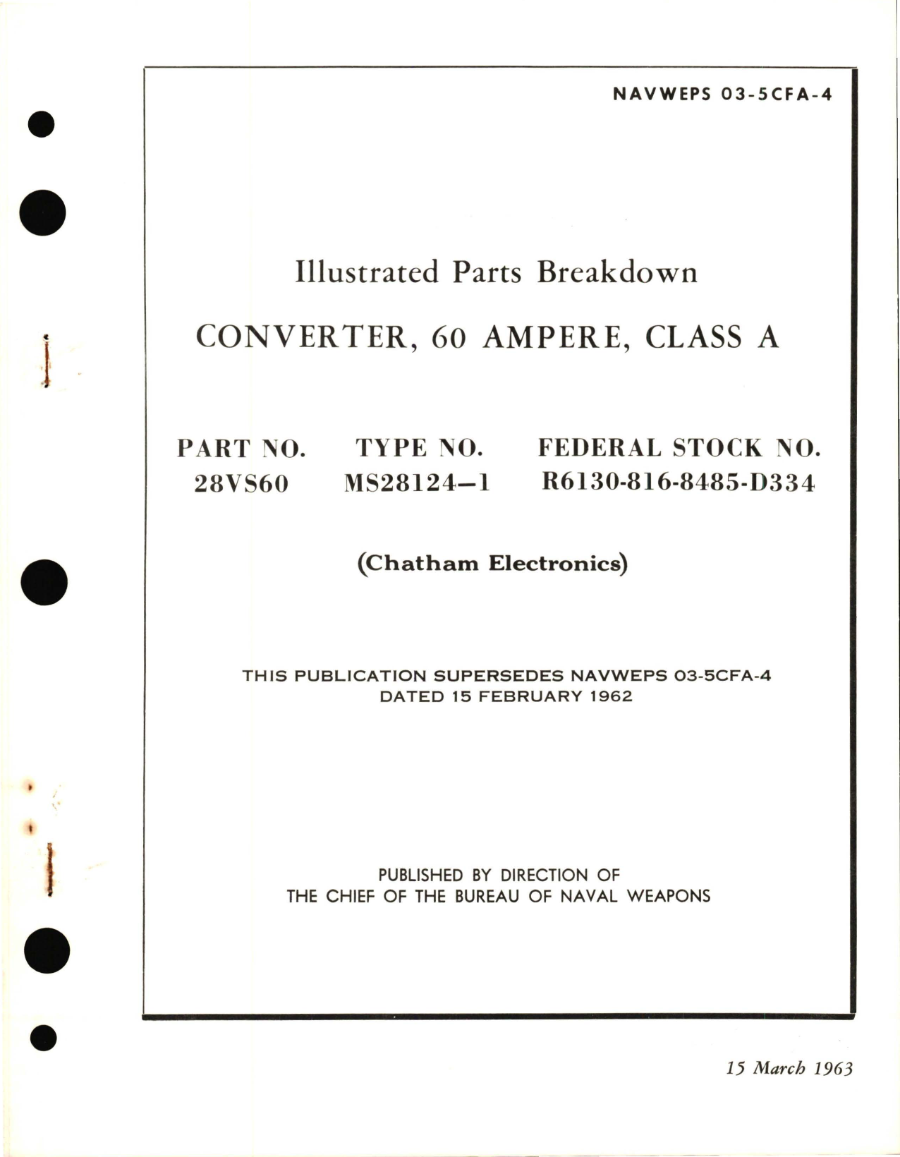 Sample page 1 from AirCorps Library document: Illustrated Parts Breakdown for Converter, 60 Ampere, Class A - Part 28VS60 - Type MS28124-1 