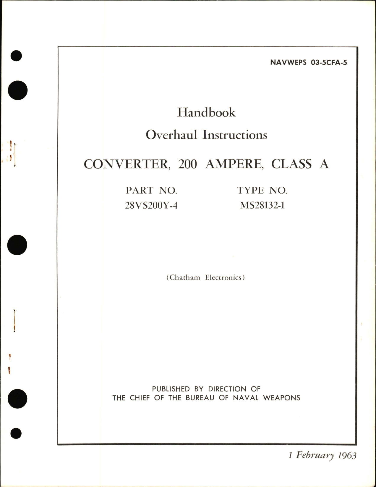 Sample page 1 from AirCorps Library document: Overhaul Instructions for Class A Converter, 200 Ampere - Part 28VS200Y-4 - Type MS28132-1 