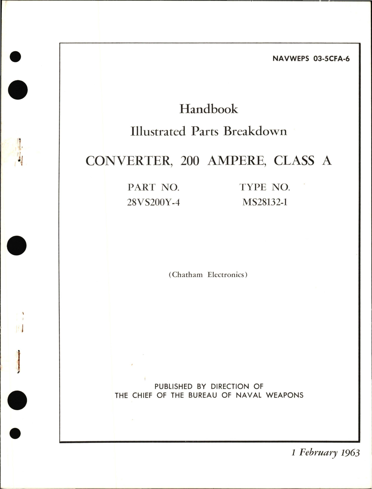 Sample page 1 from AirCorps Library document: Illustrated Parts Breakdown for Class A Converter, 200 Ampere - Part 28VS200Y-4 - Type MS28132-1 