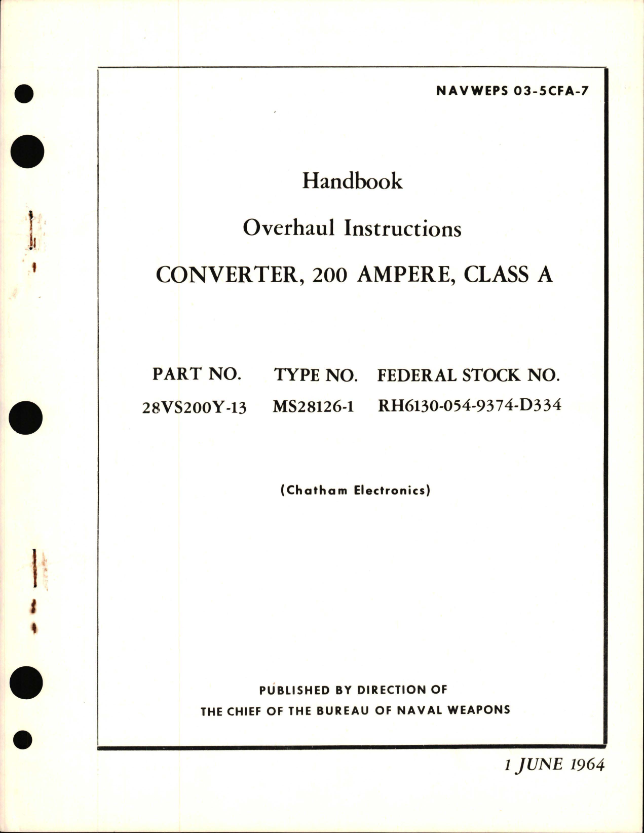 Sample page 1 from AirCorps Library document: Overhaul Instructions for Class A Converter, 200 Ampere - Part 28VS200Y-13 - Type MS28126-1