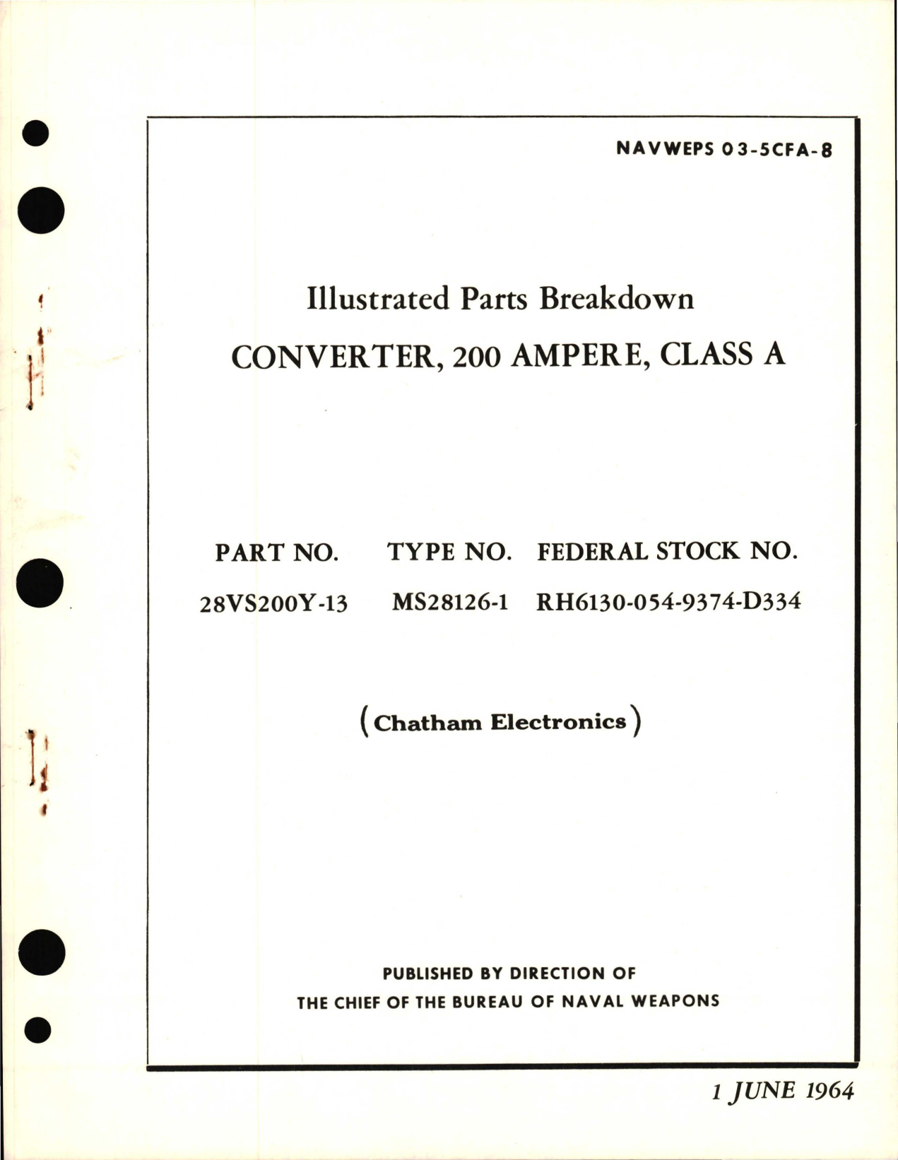 Sample page 1 from AirCorps Library document: Illustrated Parts Breakdown for Class A Converter, 200 Ampere - Part 28VS200Y-13 - Type MS28126-1 