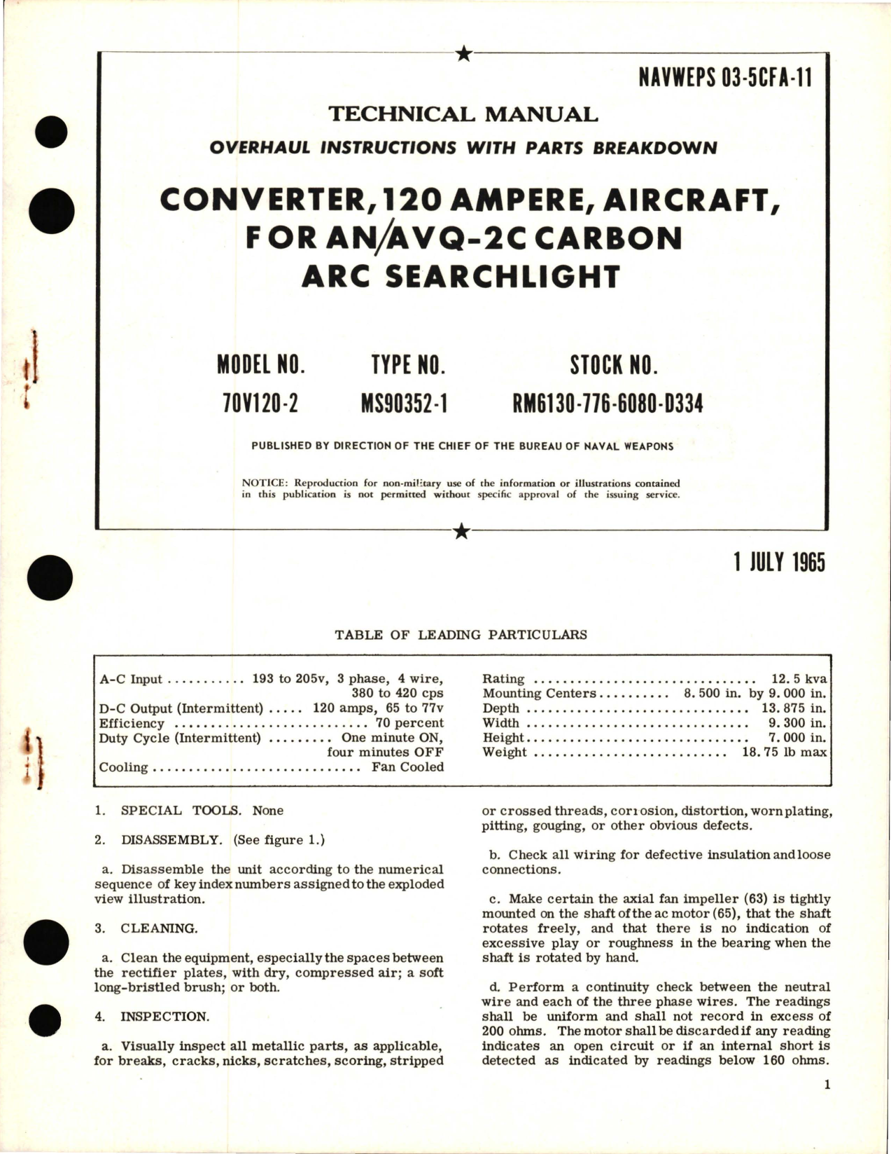 Sample page 1 from AirCorps Library document: Overhaul Instructions with Parts Breakdown for Aircraft Converter, 120 Ampere for AN-AVQ-2C Carbon ARC Searchlight - Model 70V120-2