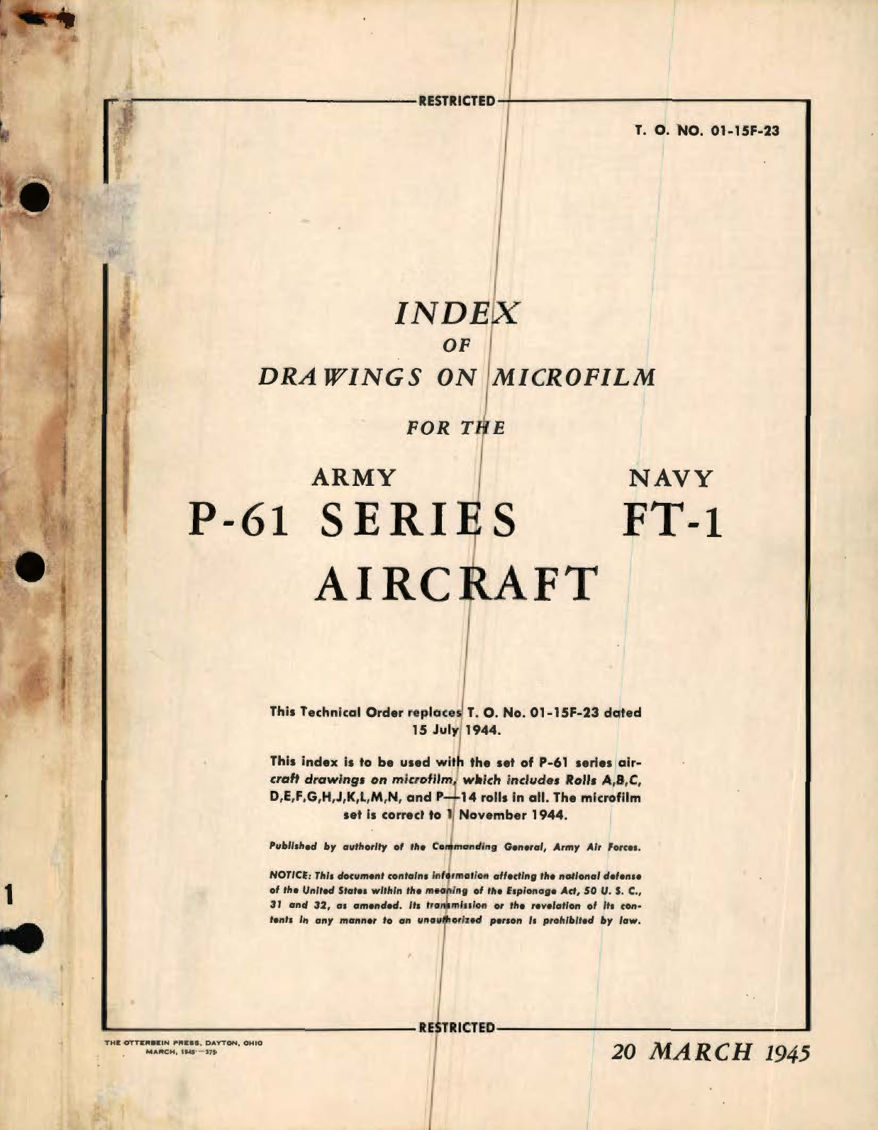 Sample page 1 from AirCorps Library document: Index of Drawings on Microfilm for the Army P-61 Series Navy FT-1 Aircraft