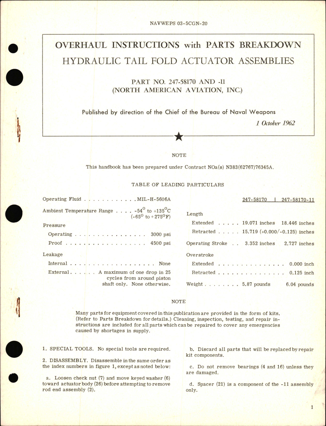 Sample page 1 from AirCorps Library document: Overhaul Instructions with Parts Breakdown for Hydraulic Tail Fold Actuator Assemblies - Part 247-58170 and 247-58170-11 