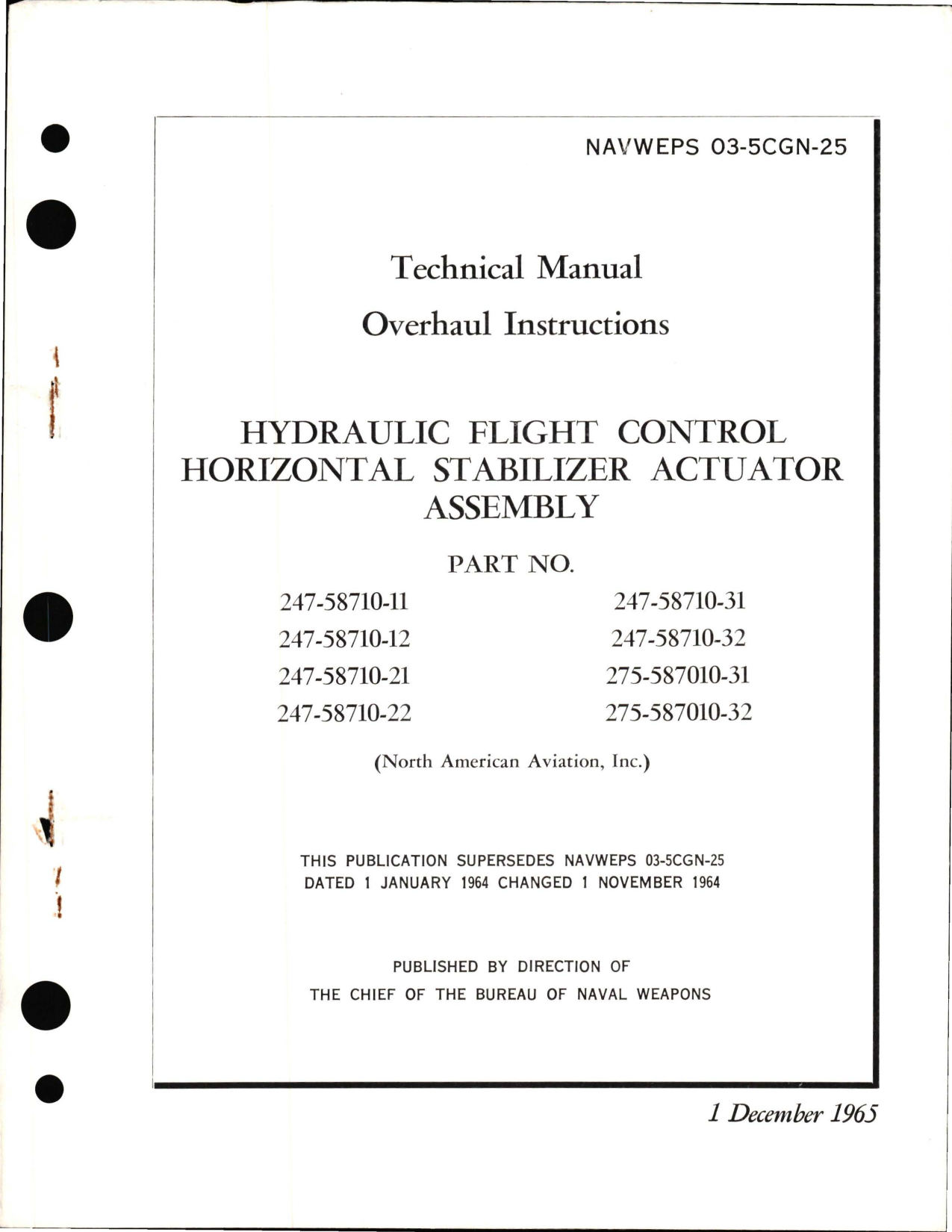 Sample page 1 from AirCorps Library document: Overhaul Instructions for Hydraulic Flight Control Horizontal Stabilizer Actuator Assembly - Part 247-58710 Series