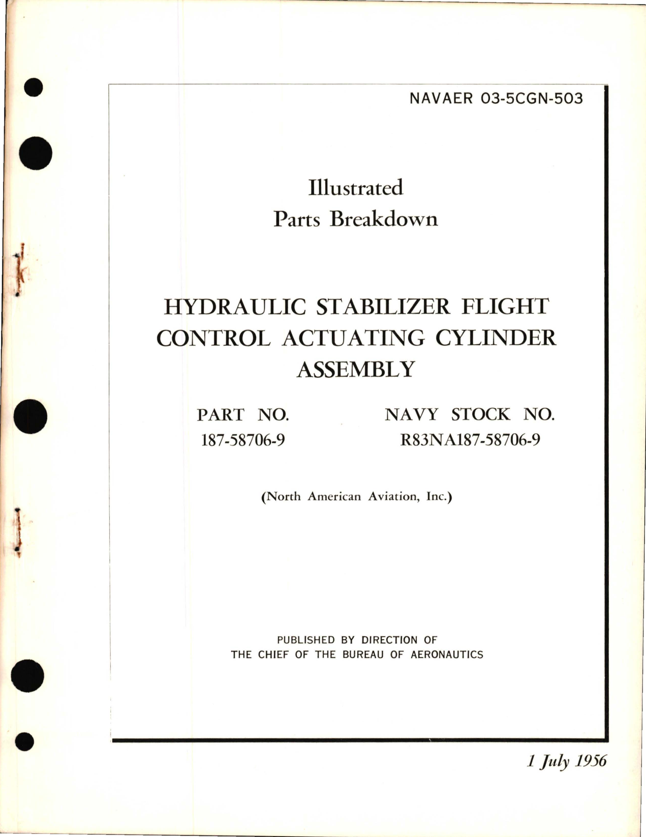 Sample page 1 from AirCorps Library document: Parts Breakdown for Hydraulic Stabilizer Flight Control Actuating Cylinder Assembly - Part 187-58706-9