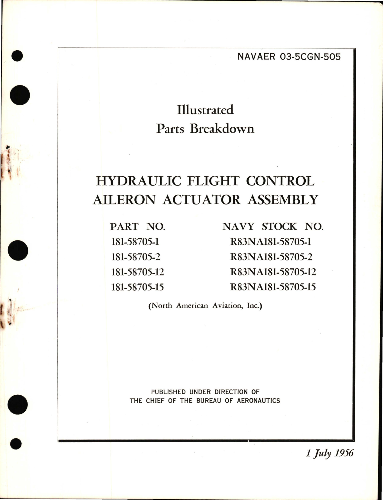 Sample page 1 from AirCorps Library document: Parts Breakdown for Hydraulic Flight Control Aileron Actuator Assembly - Part 181-58705 Series 
