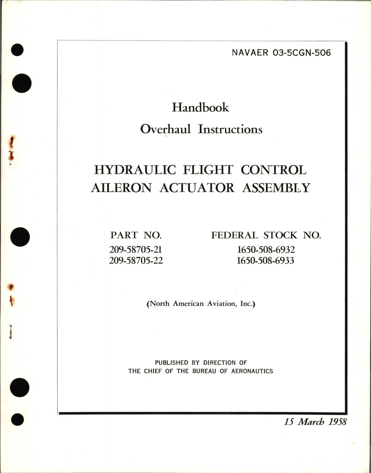 Sample page 1 from AirCorps Library document: Overhaul Instructions for Hydraulic Flight Control Aileron Actuator Assembly - Part 209-58705-21 and 209-58705-22