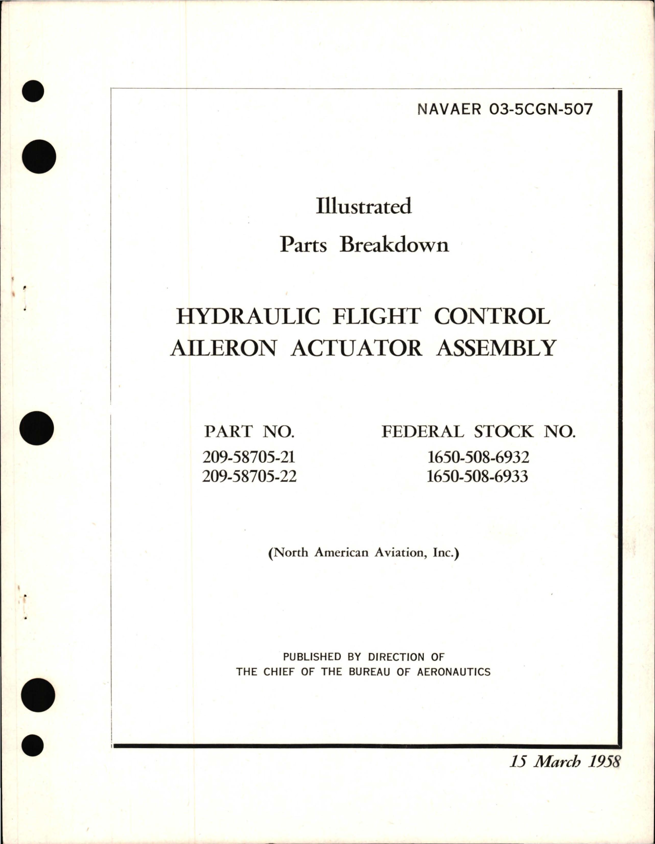 Sample page 1 from AirCorps Library document: Parts Breakdown for Hydraulic Flight Control Aileron Actuator Assembly - Parts 209-58705-21 and 209-58705-22 