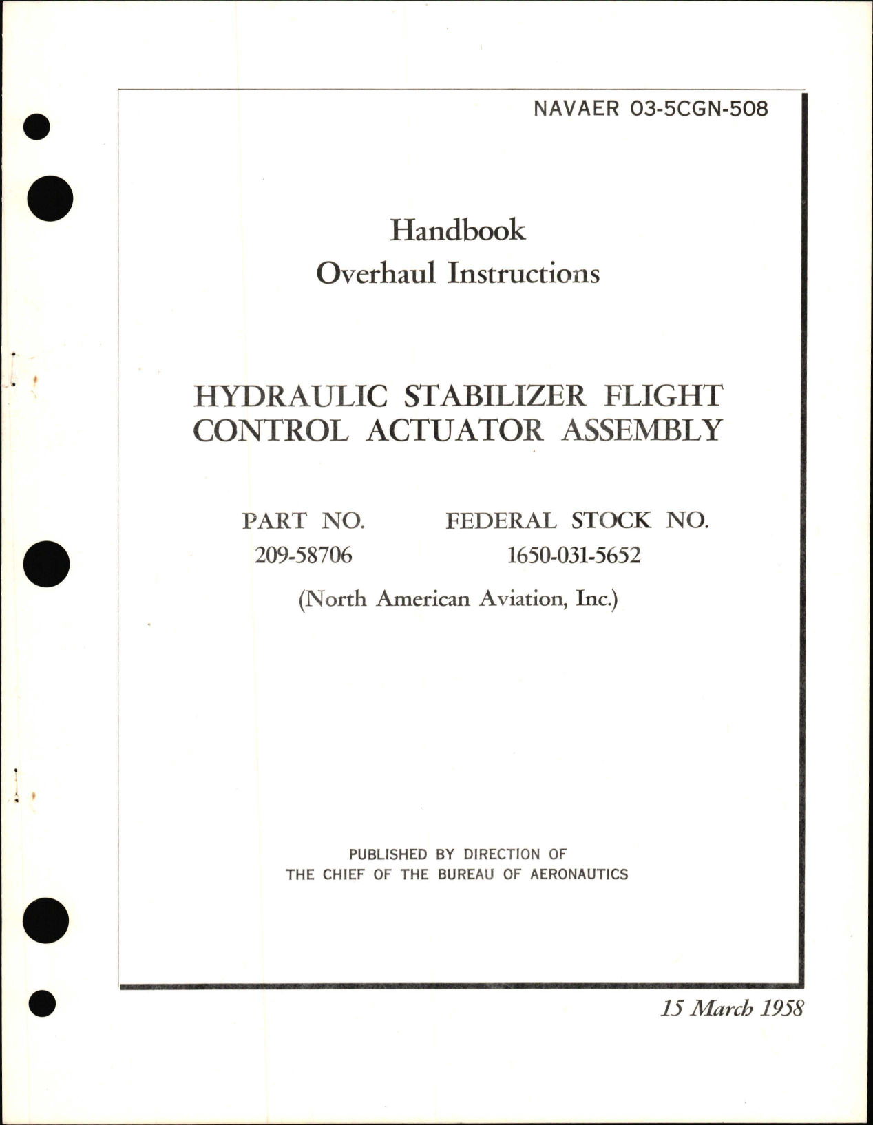 Sample page 1 from AirCorps Library document: Overhaul Instructions for Hydraulic Stabilizer Flight Control Actuator Assembly - Part 209-58706