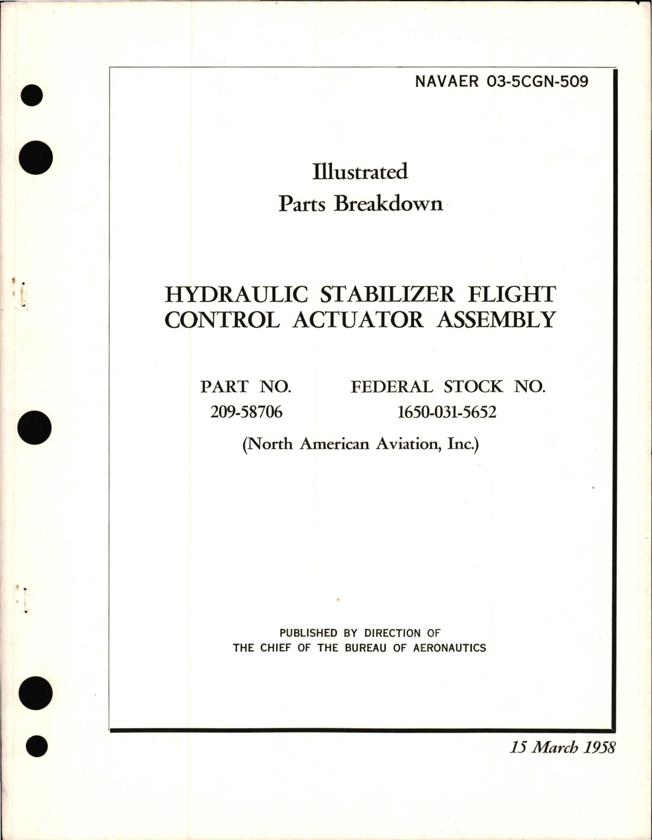 Sample page 1 from AirCorps Library document: Parts Breakdown for Hydraulic Stabilizer Flight Control Actuator Assembly - Part 209-58706