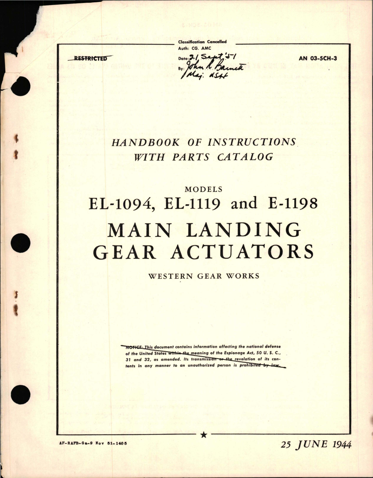 Sample page 1 from AirCorps Library document: Parts Catalog for Main Landing Gear Actuators - Models EL-1094, EL-1119 and E-1198 