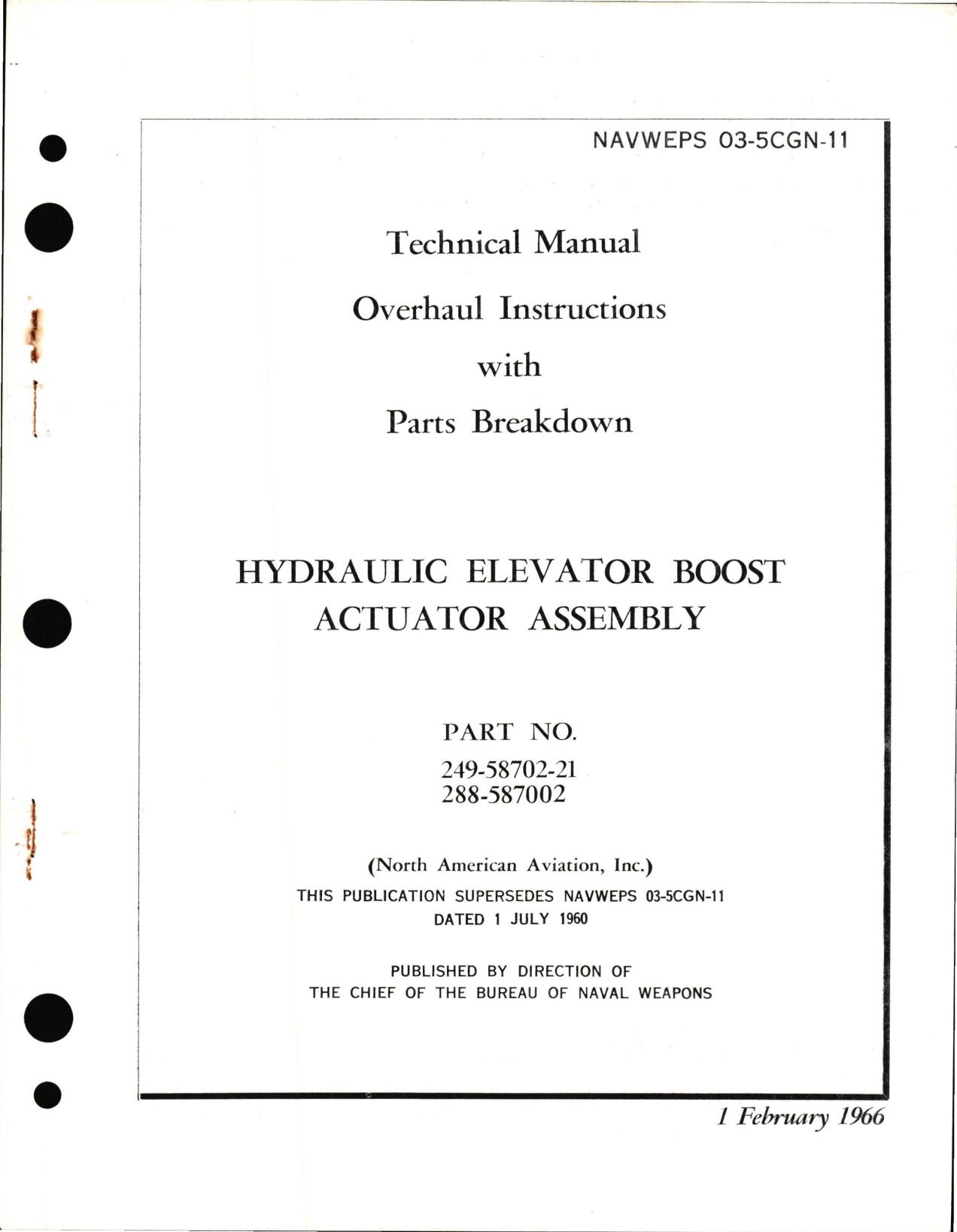 Sample page 1 from AirCorps Library document: Overhaul Instructions with Parts Breakdown for Hydraulic Elevator Boost Actuator Assembly - Part 249-58702-21 and 288-587002
