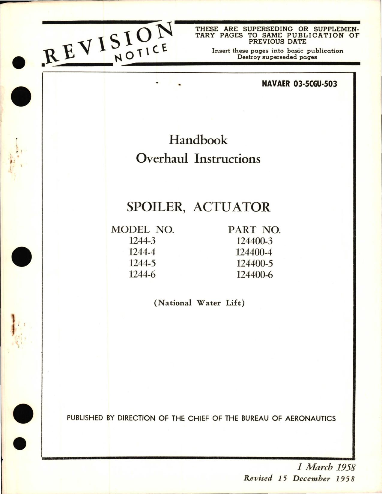 Sample page 1 from AirCorps Library document: Overhaul Instructions for Spoiler, Actuator - Part 124400 Series 