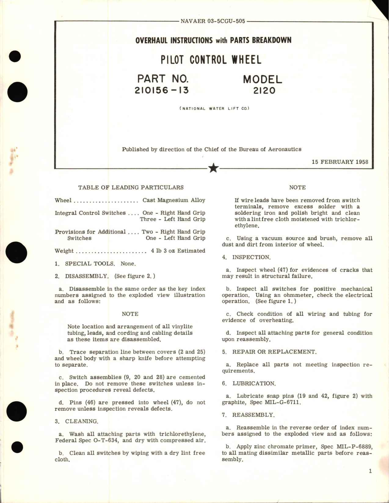 Sample page 1 from AirCorps Library document: Overhaul Instructions with Parts Breakdown for Pilot Control Wheel - Part 210156-13 - Model 2120