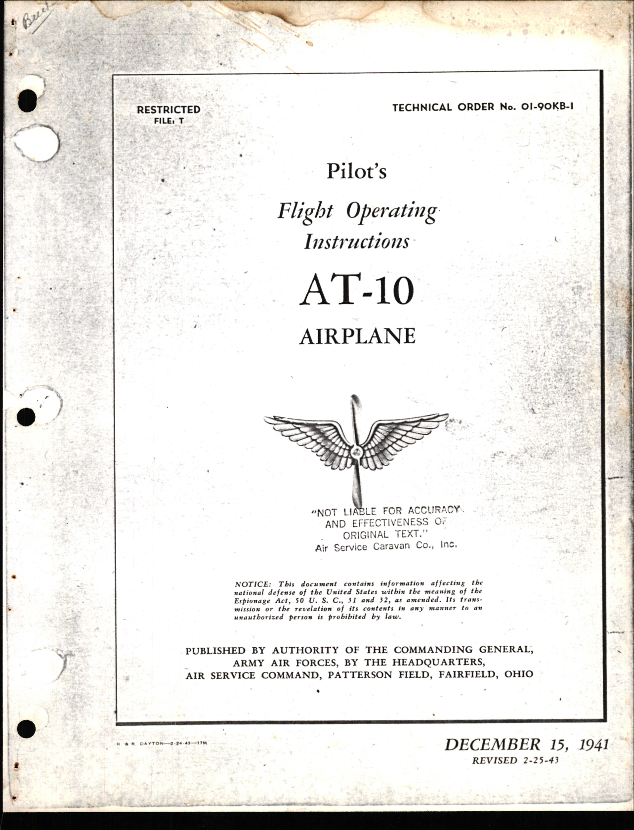 Sample page 1 from AirCorps Library document: Pilot's Flight Operating Instructions for AT-10 