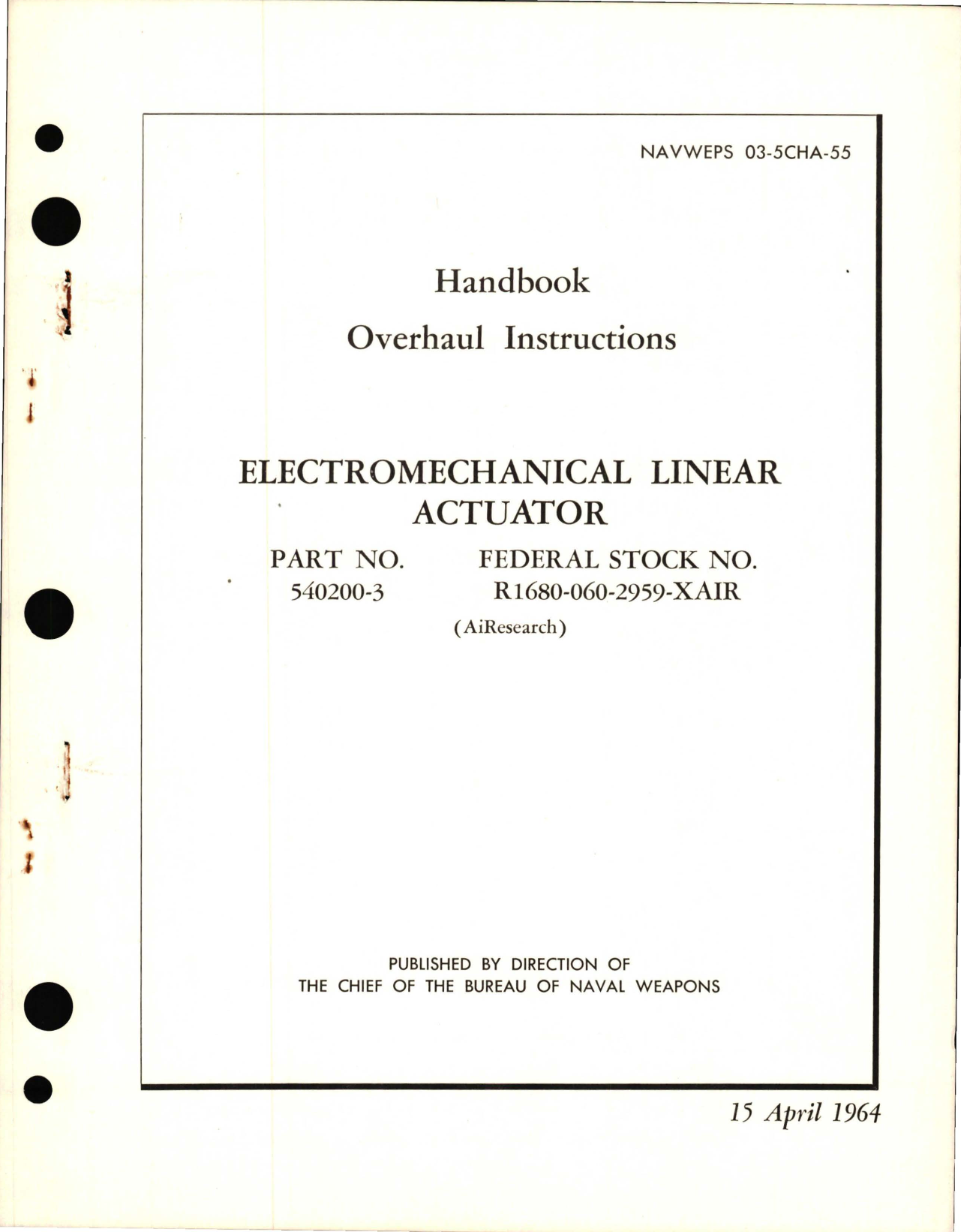Sample page 1 from AirCorps Library document: Overhaul Instructions for Electromechanical Linear Actuator - Part 540200-3 