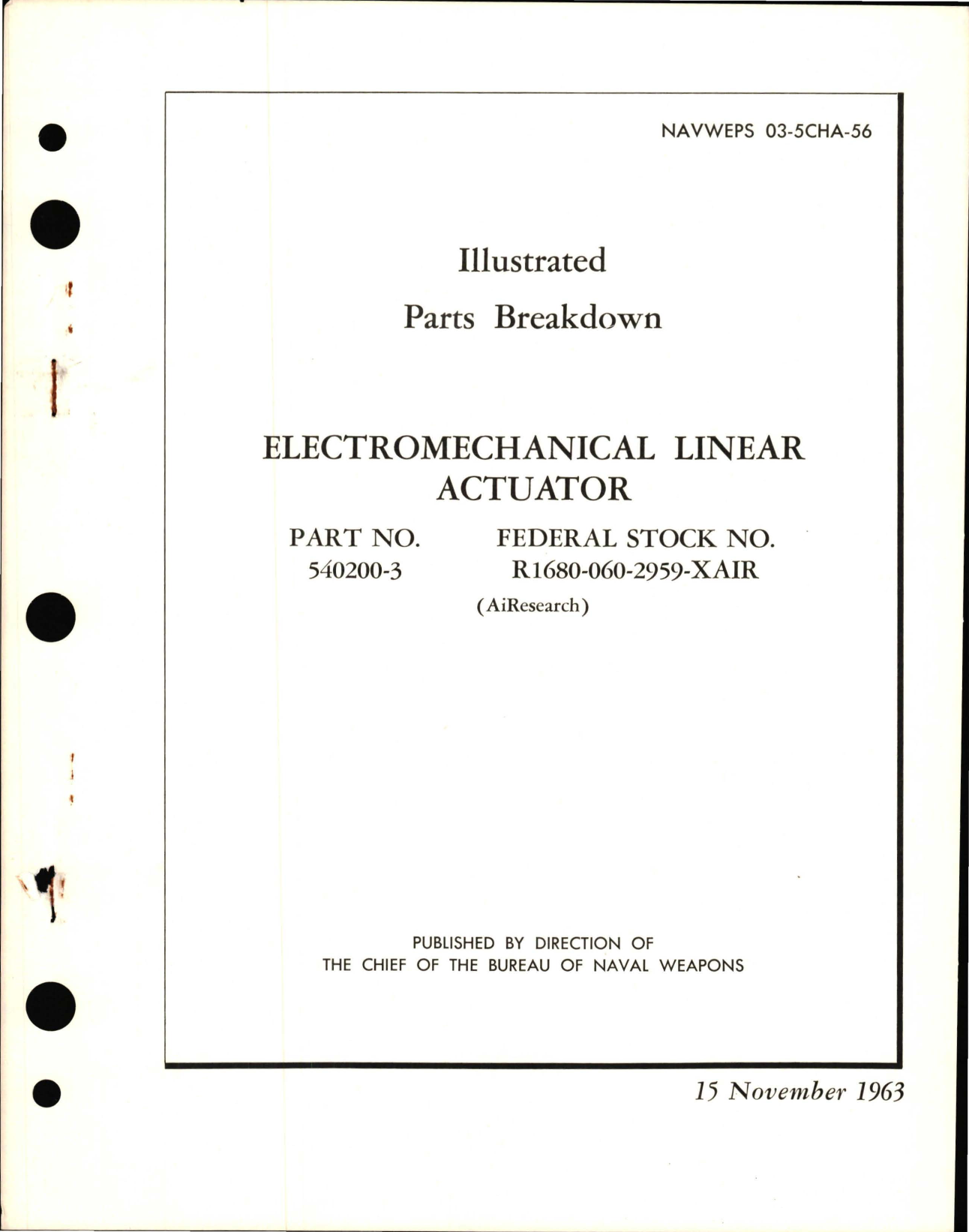 Sample page 1 from AirCorps Library document: Illustrated Parts Breakdown for Electromechanical Linear Actuator - Part 540200-3 