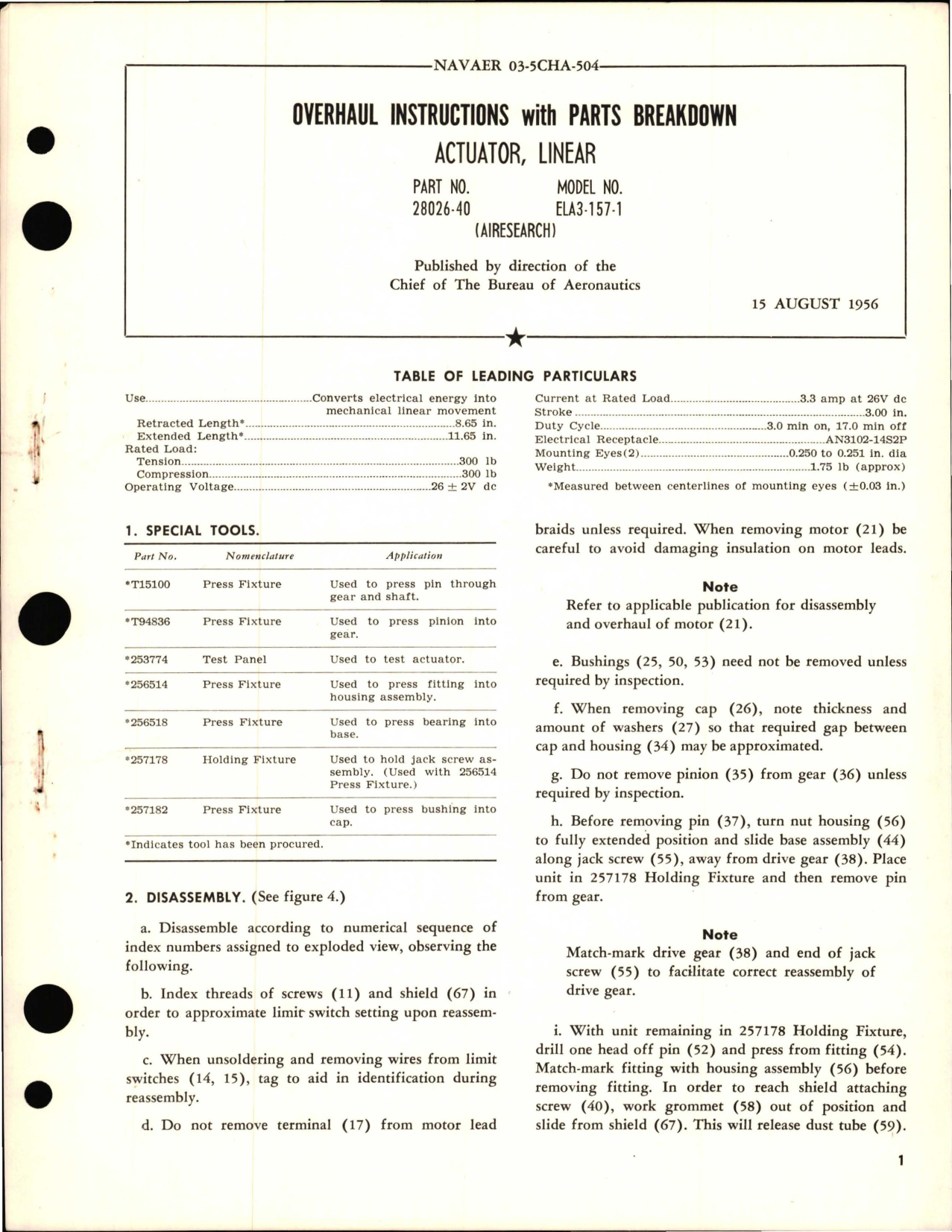 Sample page 1 from AirCorps Library document: Overhaul Instructions with Parts Breakdown for Linear Actuator - Part 28026-40 - Model ELA3-157-1