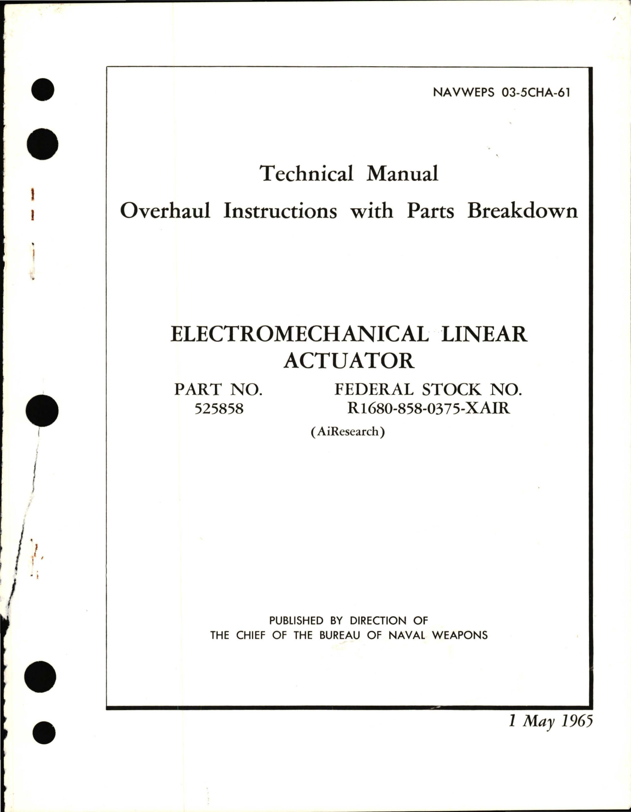 Sample page 1 from AirCorps Library document: Overhaul Instructions with Parts Breakdown for Electromechanical Linear Actuator - Part 525858 