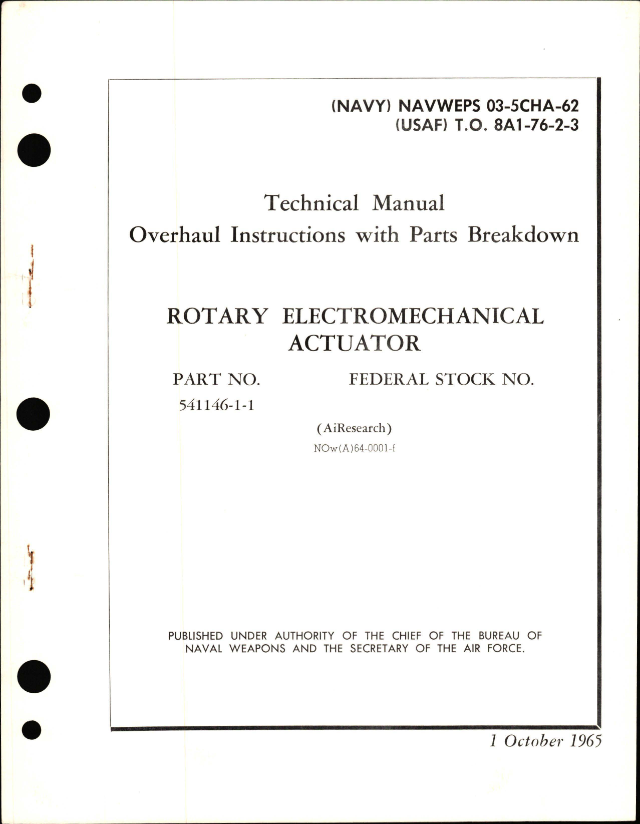 Sample page 1 from AirCorps Library document: Overhaul Instructions with Parts Breakdown for  Rotary Electromechanical Actuator - Part 541146-1-1