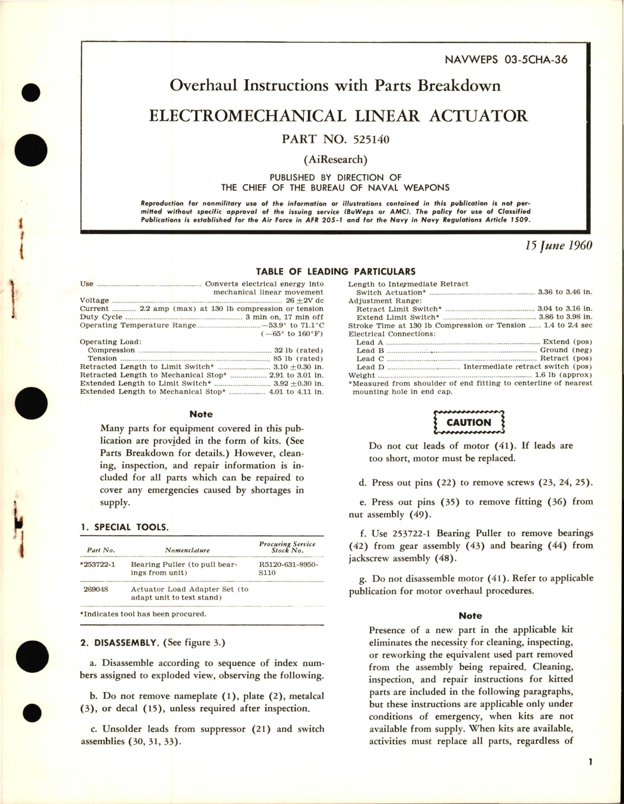 Sample page 1 from AirCorps Library document: Overhaul Instructions with Parts Breakdown for Electromechanical Linear Actuator - Part 525140 