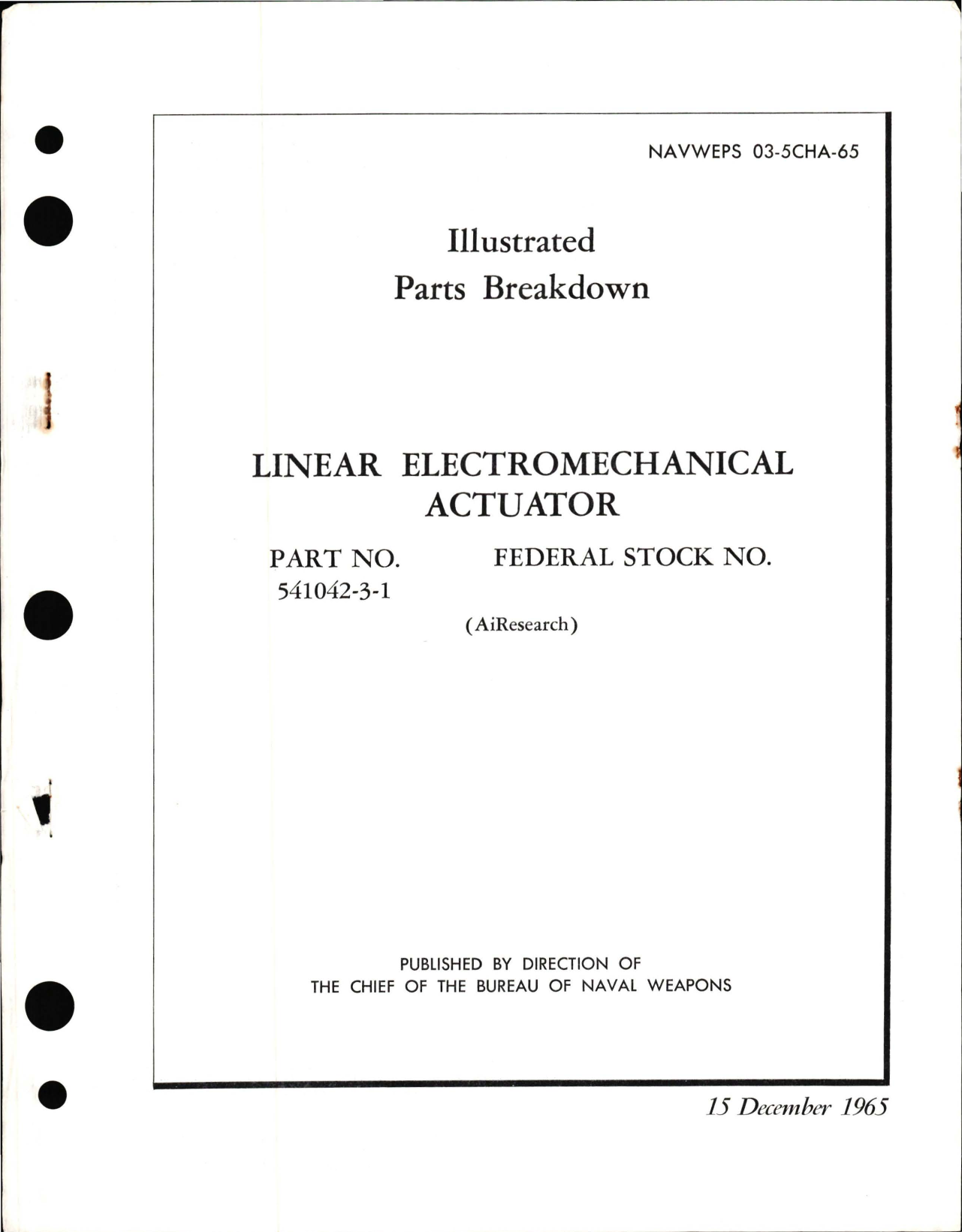 Sample page 1 from AirCorps Library document: Parts Breakdown for Linear Electromechanical Actuator - Part 541042-3-1 